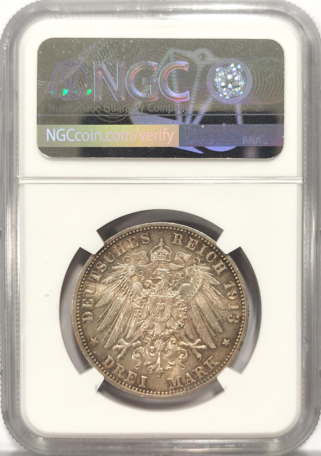 博洋堂世界钱币拍卖第084期（全场包邮） NGC MS65 德国萨克森1913年莱比锡建功碑3马克银币 炫彩 状态不输66分