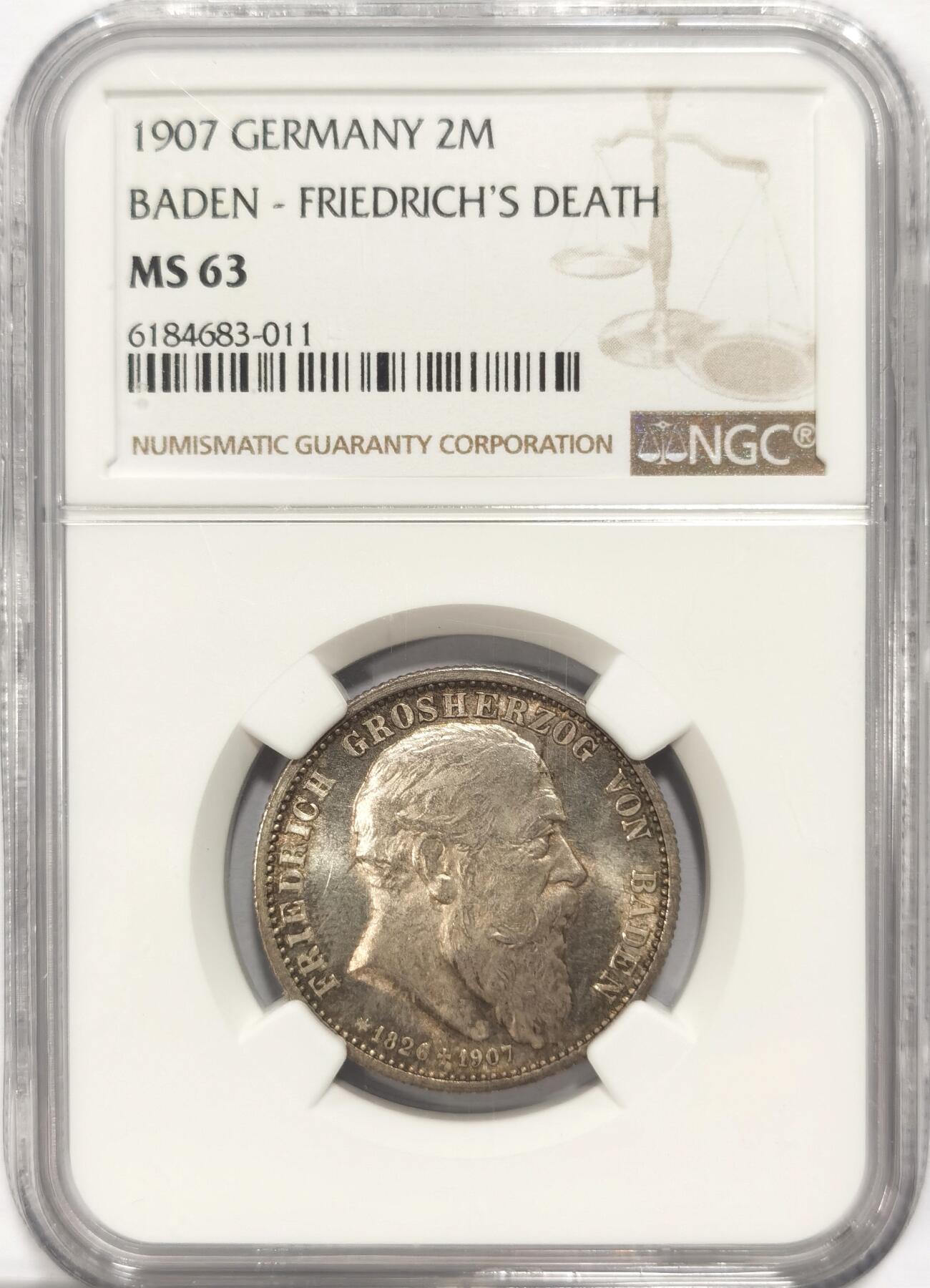 博洋堂世界钱币拍卖第084期（全场包邮） NGC MS63 德国巴登1907年逝世2马克银币