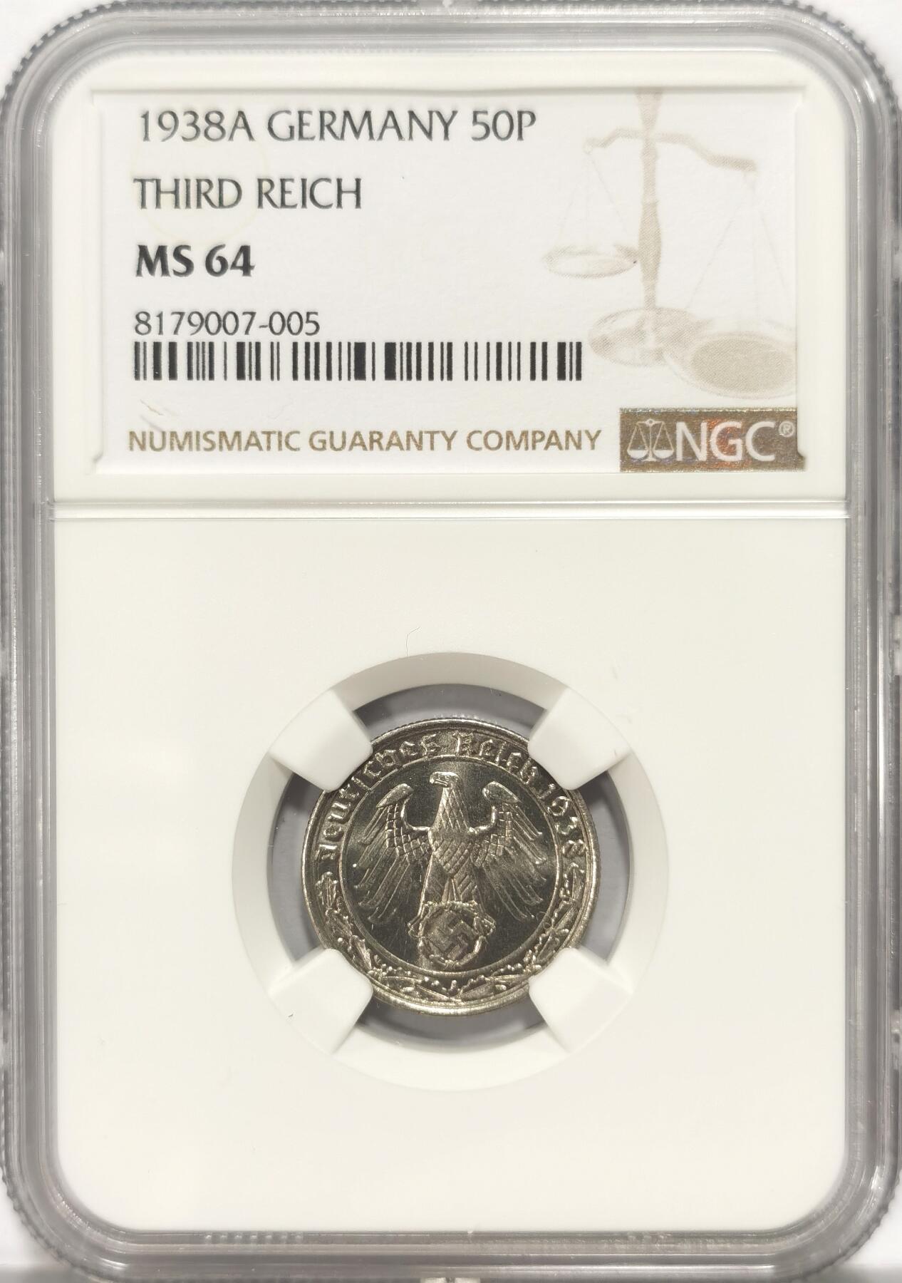 博洋堂世界钱币拍卖第084期（全场包邮） NGC MS64 德国1938A版50芬尼坦克币，二战或用于制造著名的虎式、豹式坦克，高分太难得，值得收藏