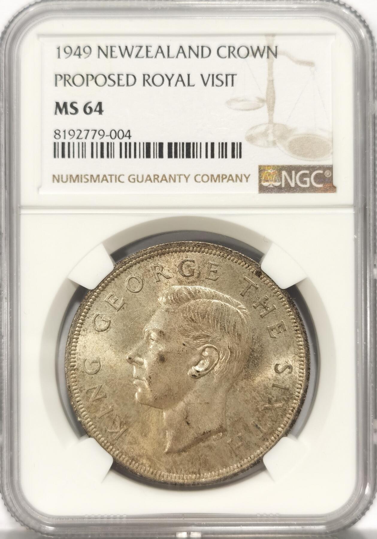 博洋堂世界钱币拍卖第084期（全场包邮） NGC MS64 新西兰1949年乔六1克朗，BU品相，币面干净整洁，覆盖淡淡的黄油彩