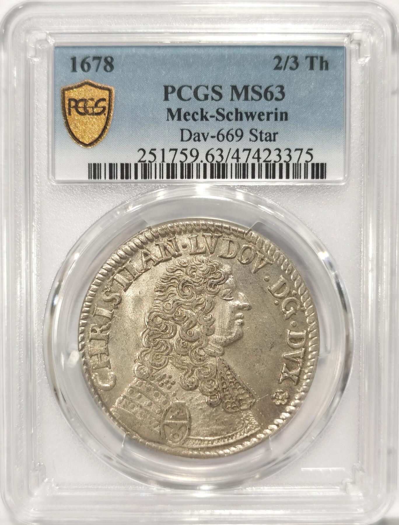 博洋堂世界钱币拍卖第084期（全场包邮） PCGS MS63 神罗梅克伦堡-什未林1678年2/3泰勒 稀少老泰勒品种，PCGS评级榜冠军分 唯一一枚！