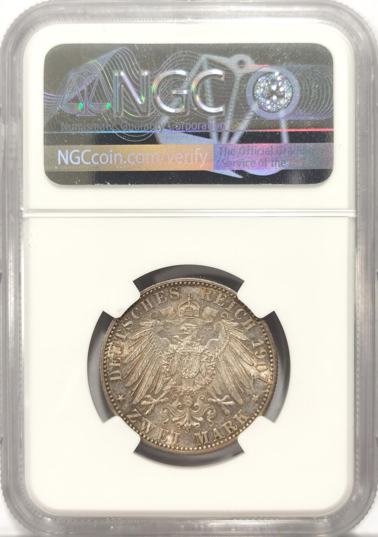 博洋堂世界钱币拍卖第084期（全场包邮） NGC MS63 德国巴登1907年逝世2马克银币