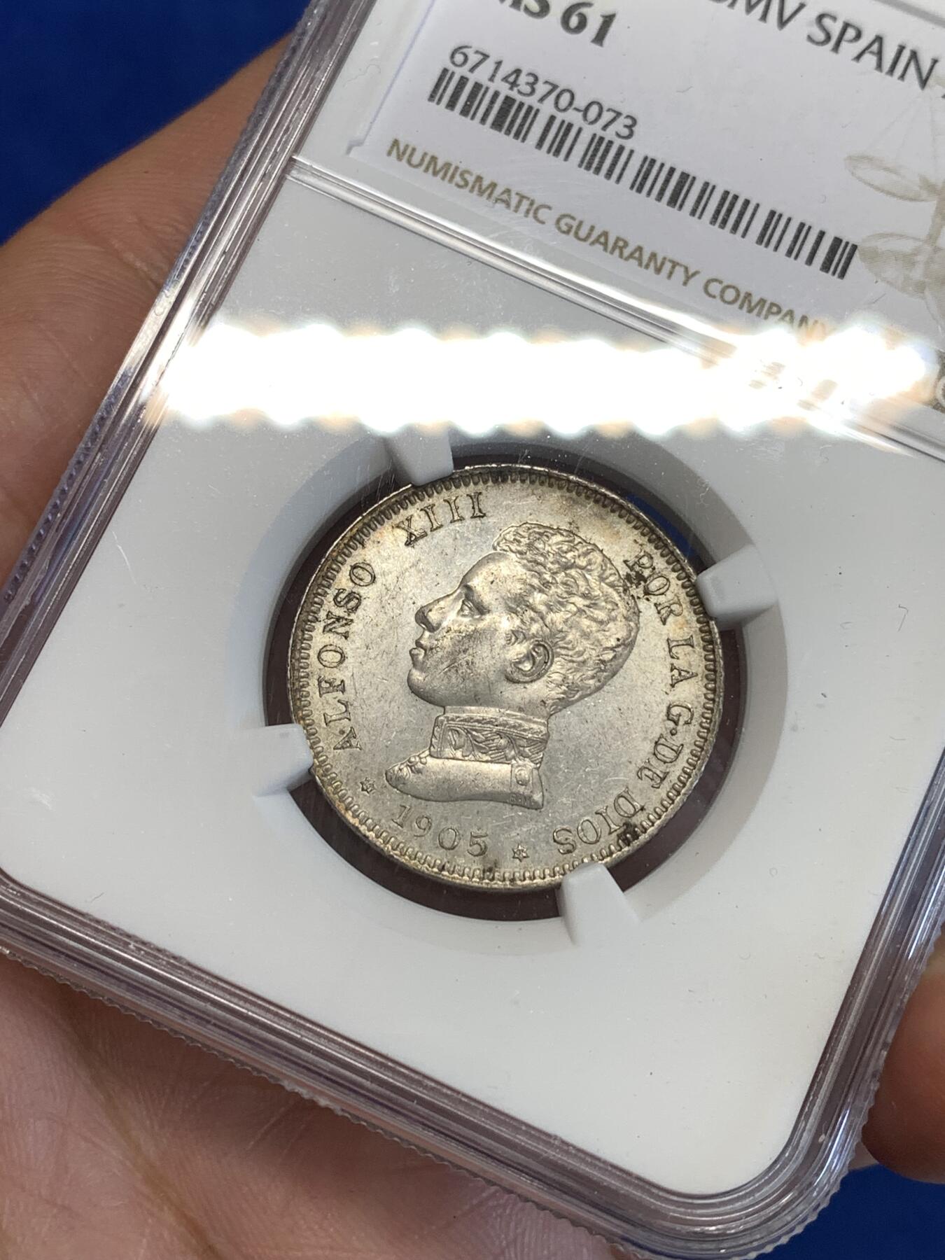 《竞宝斋》第287场-周六， 周日，周一 3场连拍 （全场包邮） NGC MS61 西班牙1905阿方索十三世2比塞塔银币