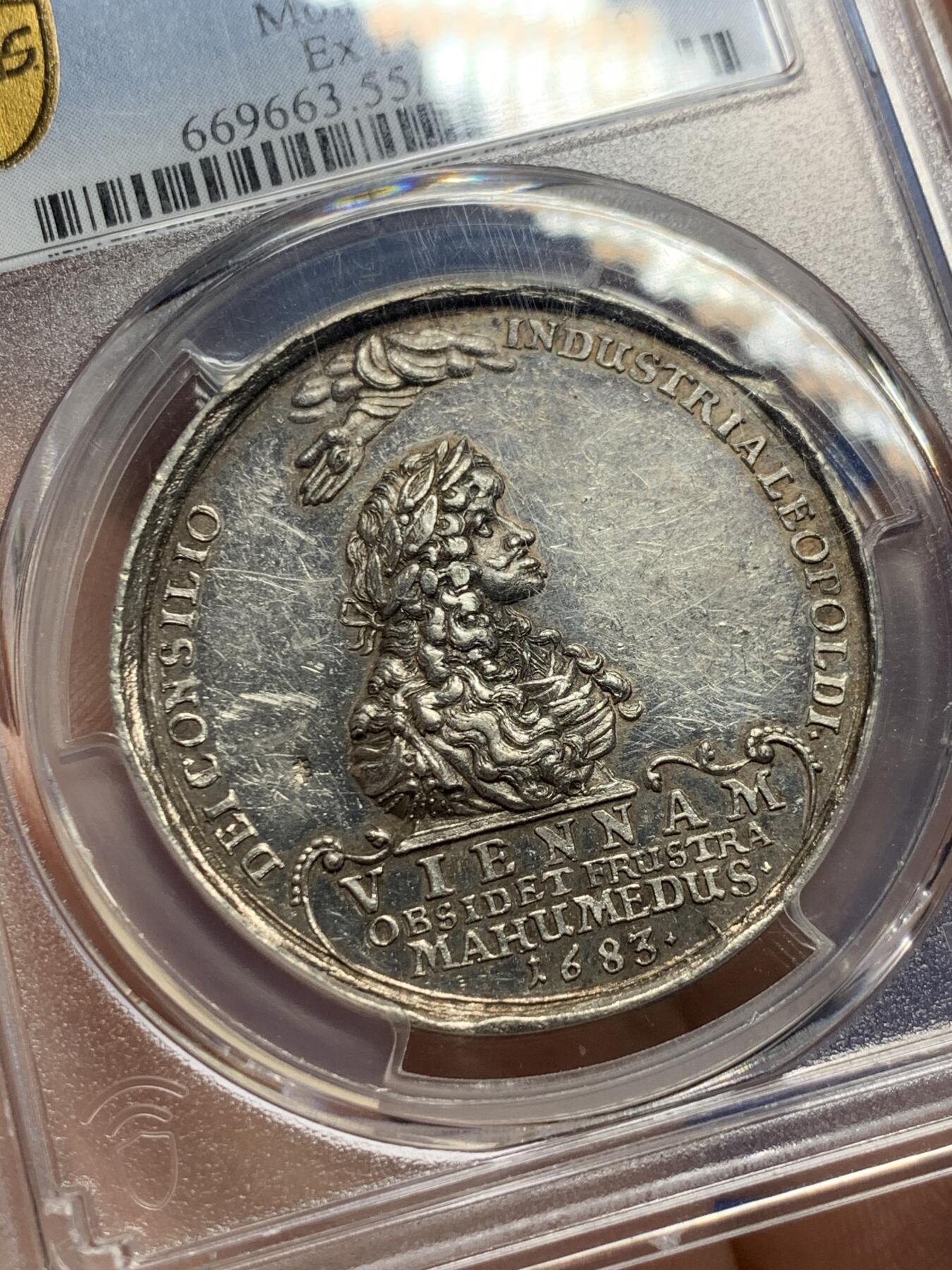 《竞宝斋》第287场-周六， 周日，周一 3场连拍 （全场包邮） PCGS AU55 神罗1683年击败奥斯曼解放维也纳银章 费迪南一世头顶全能之剑 利奥波德头顶全能之眼 设计巧妙 名誉品传世三百余年 波多茨基名家旧藏