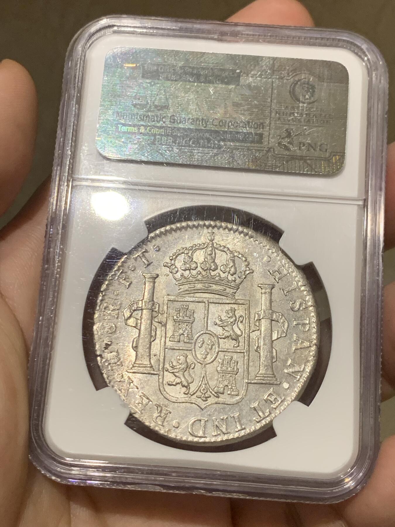 《竞宝斋》第287场-周六， 周日，周一 3场连拍 （全场包邮） NGC MS63 西属墨西哥 1803 MO FT 卡四 双柱 8瑞尔 大银币 状态靓丽