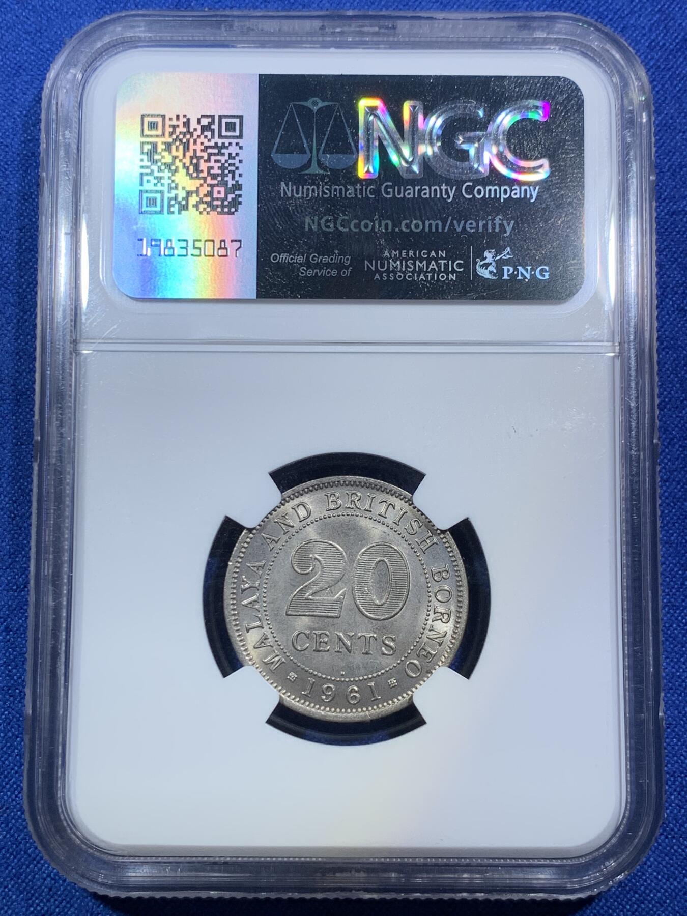 《竞宝斋》第287场-周六， 周日，周一 3场连拍 （全场包邮） NGC MS66 1961年英属马来亚20C镍币