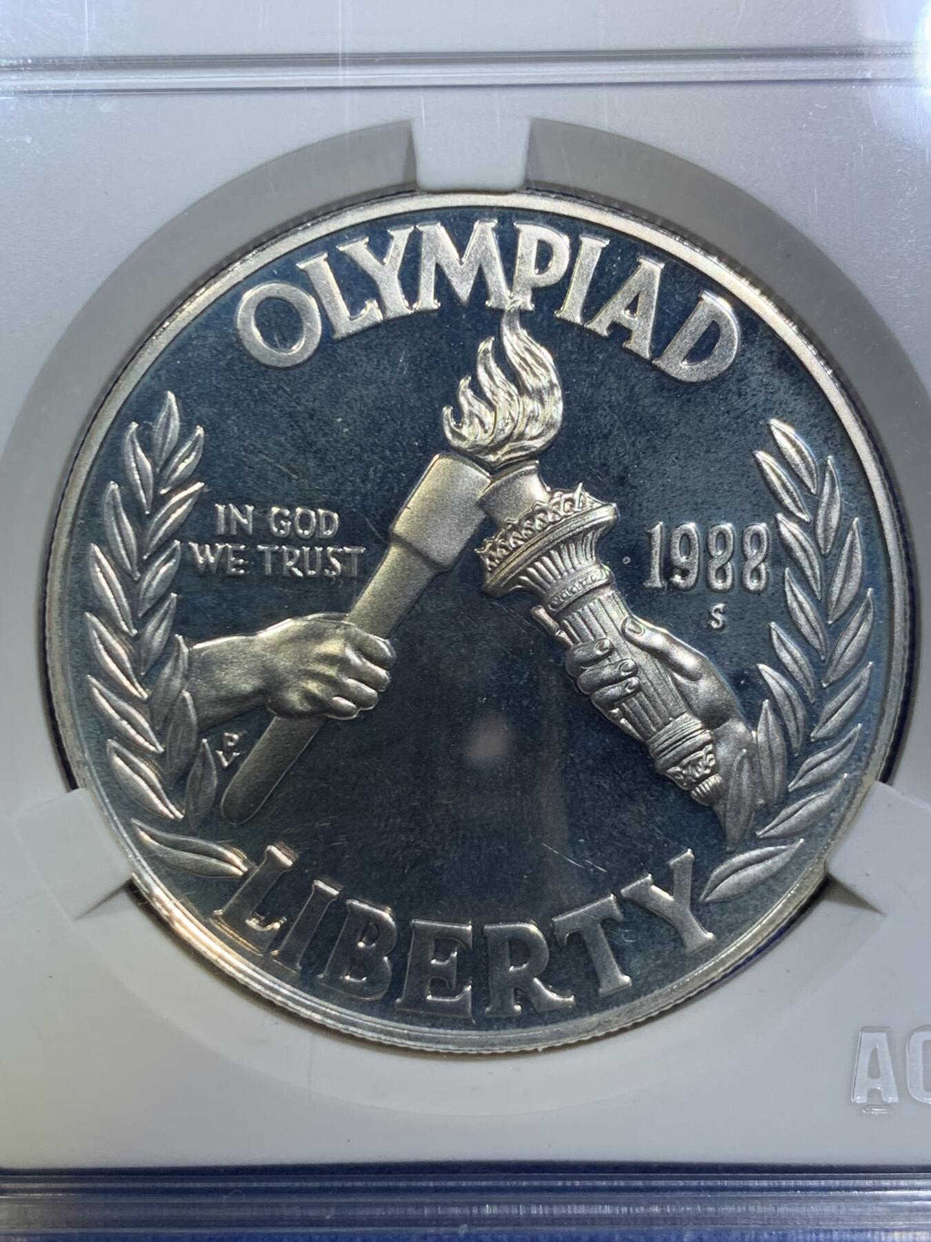 《竞宝斋》第287场-周六， 周日，周一 3场连拍 （全场包邮） ACG PF66 美国1988年汉城奥运会1美元精制银币