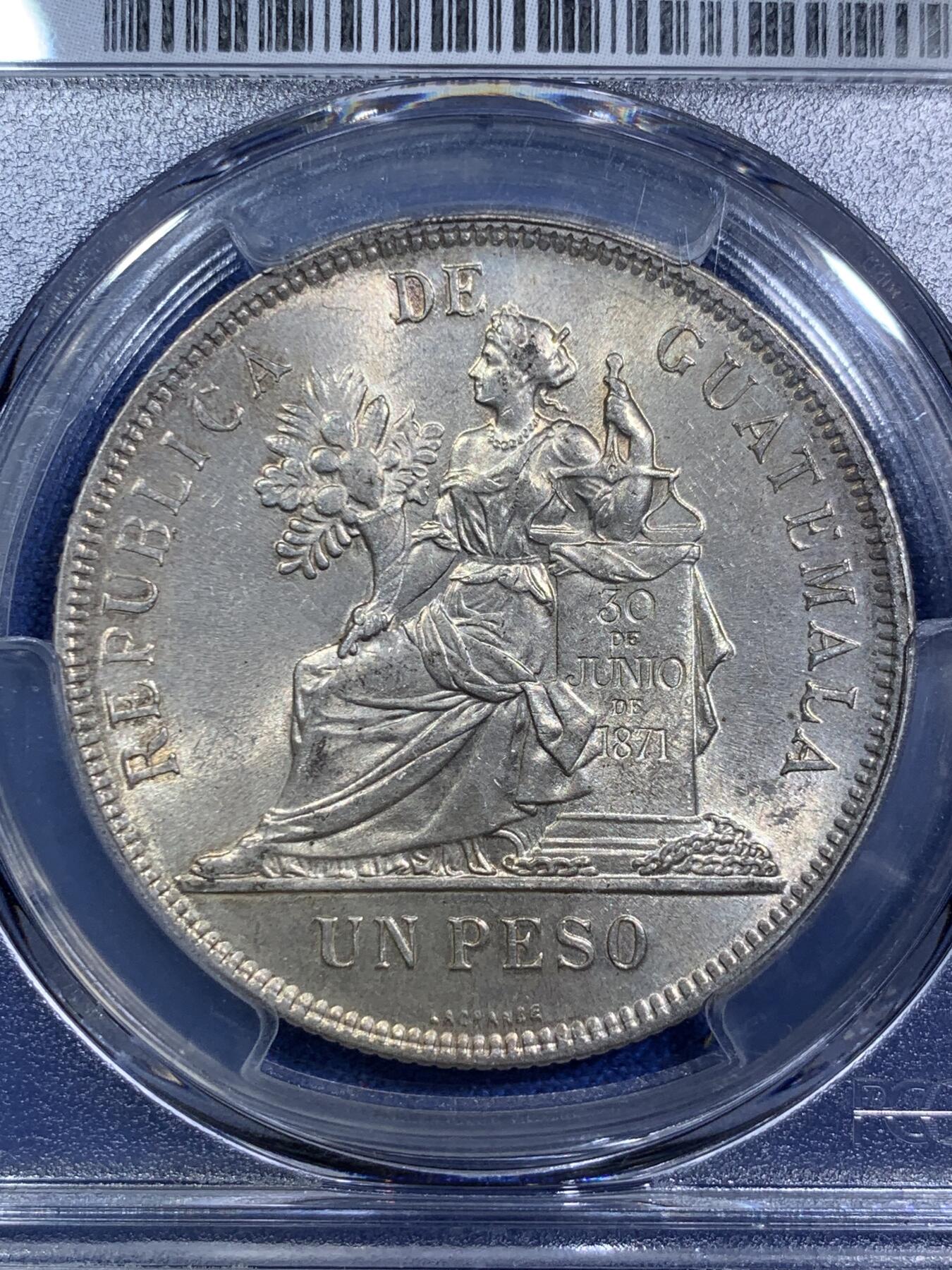《竞宝斋》第287场-周六， 周日，周一 3场连拍 （全场包邮） PCGS MS63 危地马拉 1896年 1比索 银币 漂亮女神设计 黄油光 拉丁美洲热门品种 1896年入盒数不到1894一半