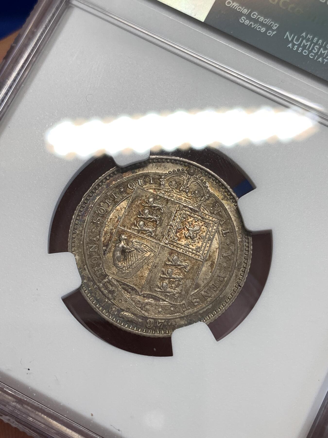 《竞宝斋》第287场-周六， 周日，周一 3场连拍 （全场包邮） NGC AU55 英国1887年维多利亚1先令 银币