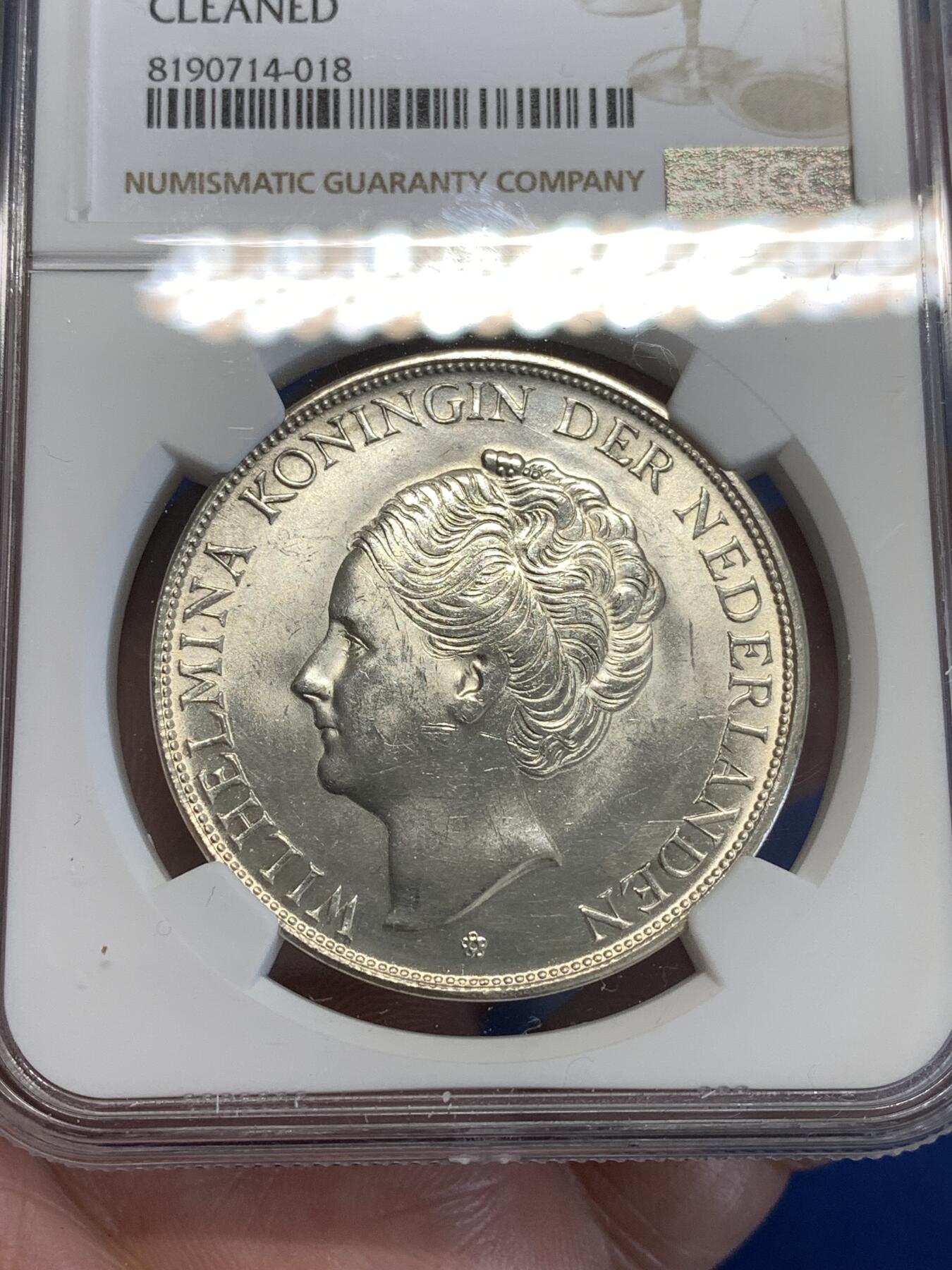 《竞宝斋》第287场-周六， 周日，周一 3场连拍 （全场包邮） NGC UNC 荷属库拉索1944年威廉明娜女王2.5盾大银币，严评没给分