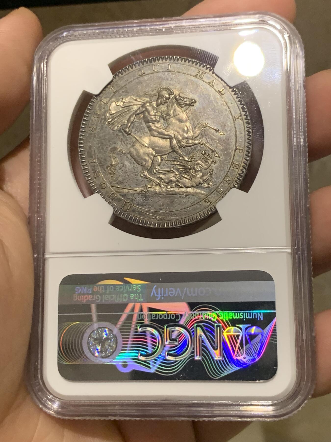 《竞宝斋》第287场-周六， 周日，周一 3场连拍 （全场包邮） NGC MS63 英国1818年乔治三世马剑1克朗大银币 深彩包浆 PL状态 63分可藏