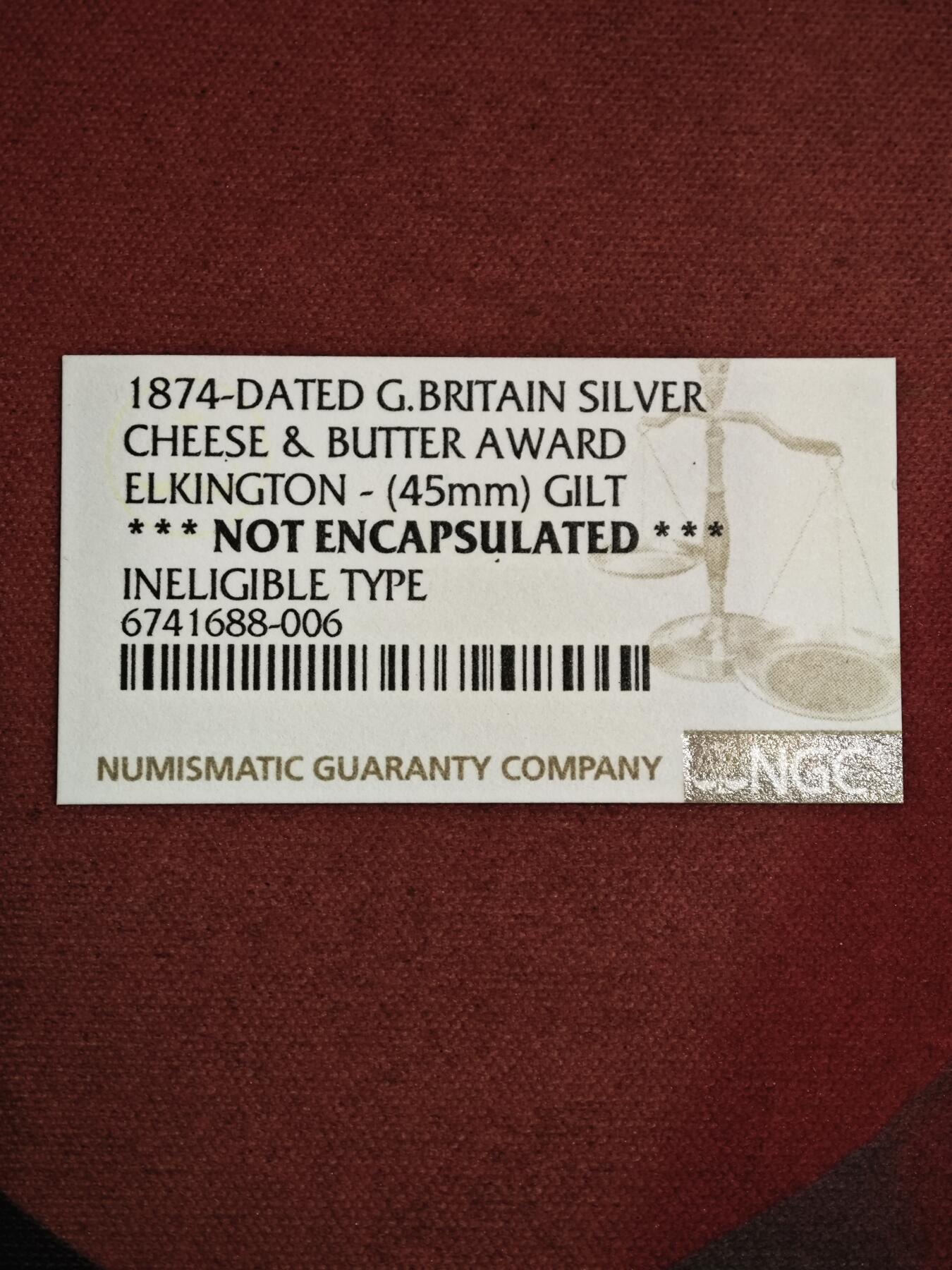 《竞宝斋》第287场-周六， 周日，周一 3场连拍 （全场包邮） 1874年英国Elkington地区奶业和黄油产品银制镀金奖章 很厚实 42.65g 44.7mm 现在上海ngc不评了 12点处边有加工
