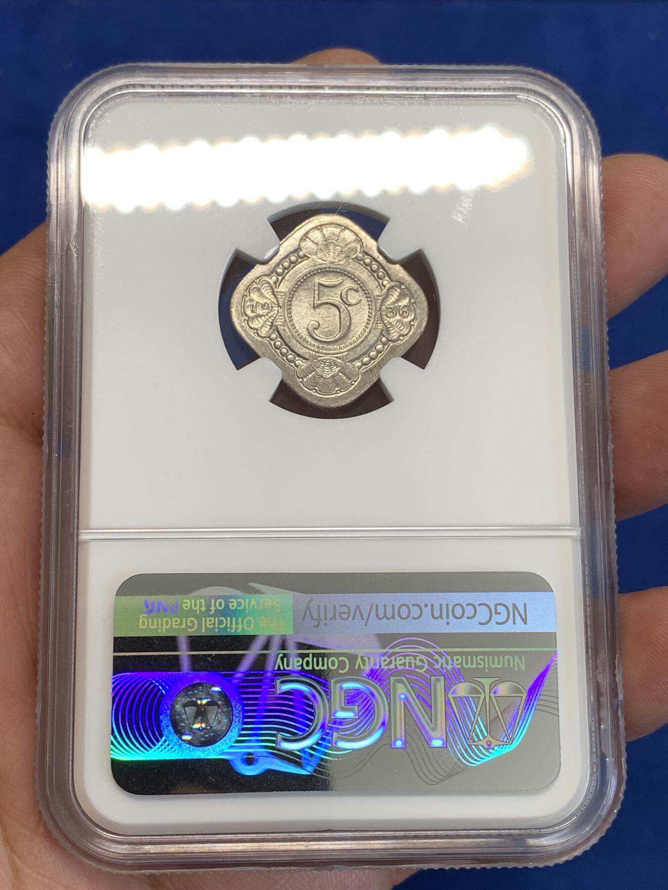 《竞宝斋》第287场-周六， 周日，周一 3场连拍 （全场包邮） 亚军分 NGC MS65 荷兰1936年 正方形 5分镍币 少见的形制 顶级高分了