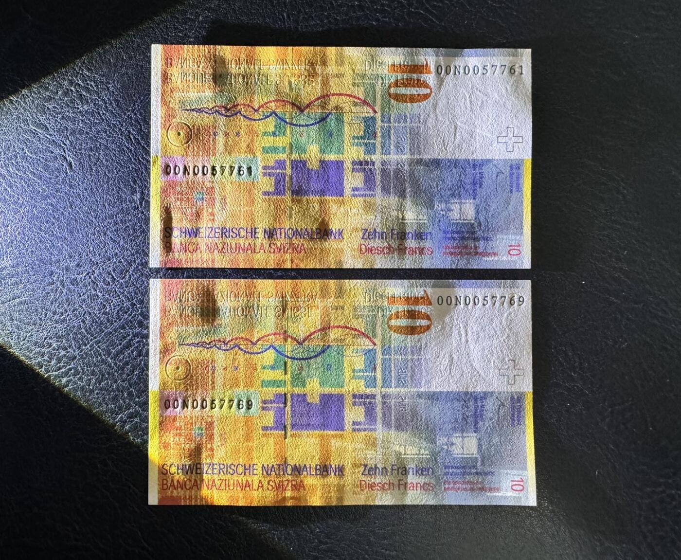 收藏联盟Quantum Auction 第359期拍卖  瑞士2000年10法郎两张 品相全新UNC 号码无4 建筑家 勒·柯布西耶