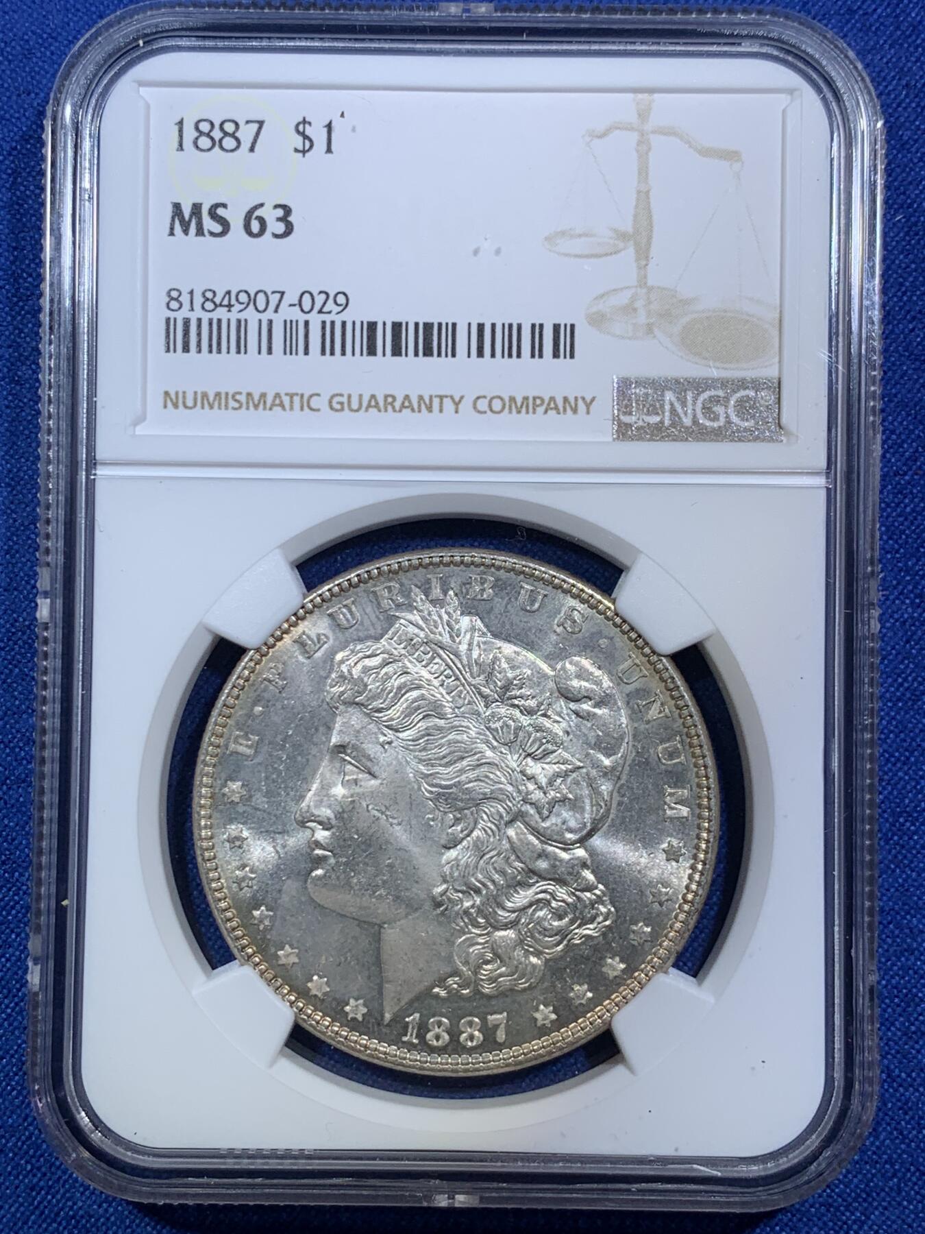 《竞宝斋》第287场-周六， 周日，周一 3场连拍 （全场包邮） NGC MS63 美国1887年摩根银币