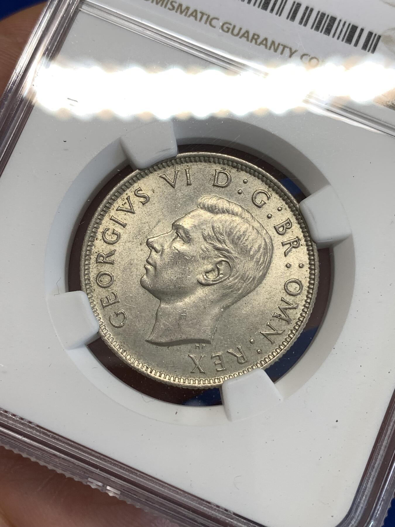 《竞宝斋》第287场-周六， 周日，周一 3场连拍 （全场包邮） NGC MS62 英国1946年乔治六世2先令银币