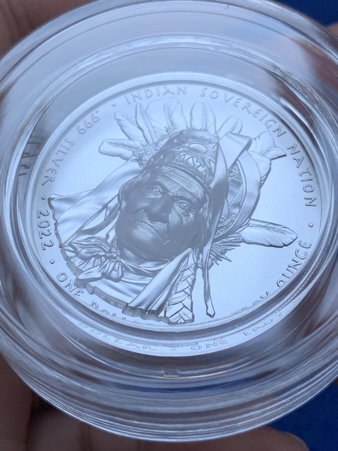 《竞宝斋》第287场-周六， 周日，周一 3场连拍 （全场包邮） 美国2022年发行的印第安酋长系列2“杰罗尼莫”1美元纪念银币 1盎司 超高浮雕工艺 限量2500枚