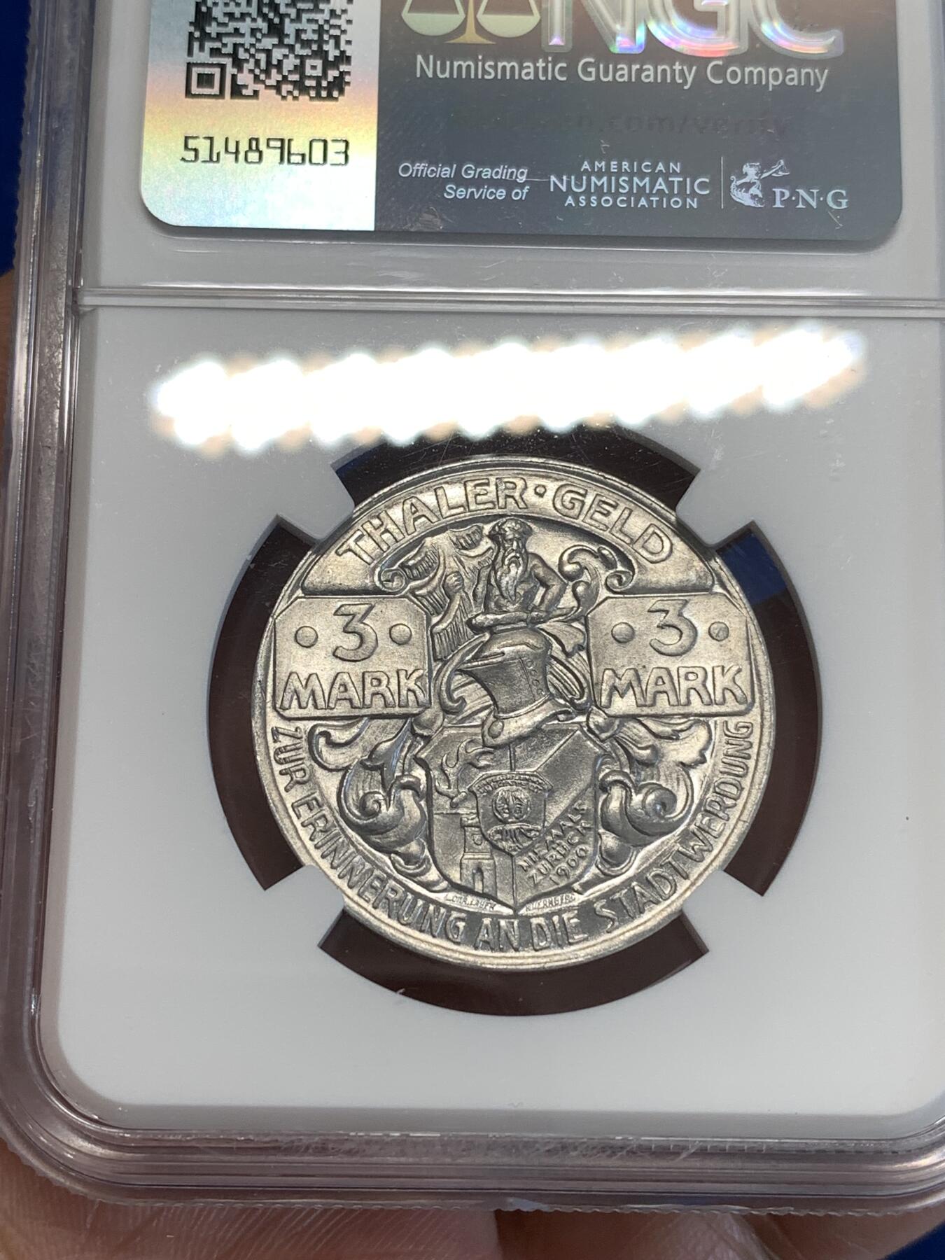 《竞宝斋》第287场-周六， 周日，周一 3场连拍 （全场包邮） NGC MS65 德国1921年塔勒市猎人与猎犬3马克铝币 德紧名誉品