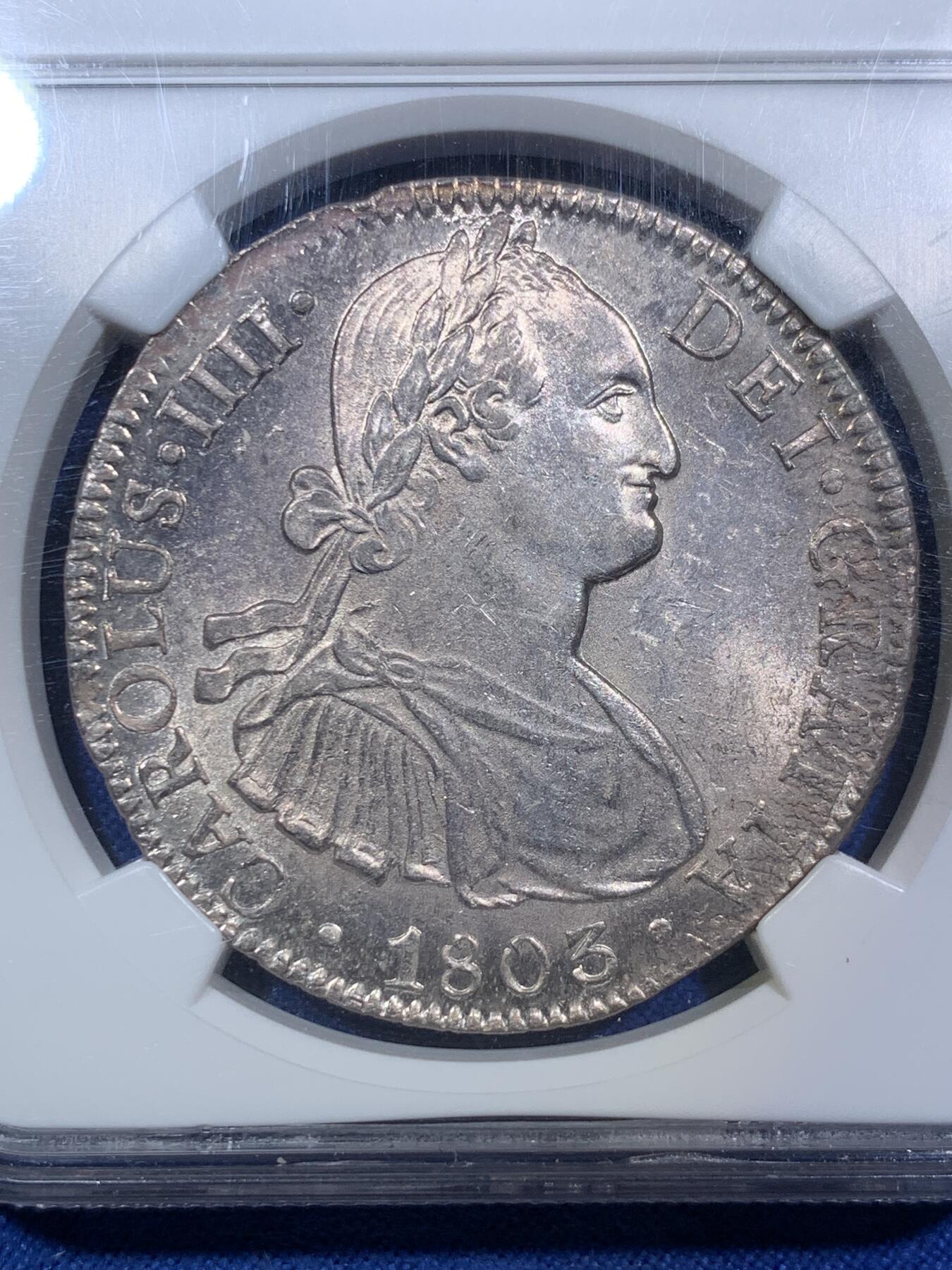 《竞宝斋》第287场-周六， 周日，周一 3场连拍 （全场包邮） NGC MS63 西属墨西哥 1803 MO FT 卡四 双柱 8瑞尔 大银币 状态靓丽