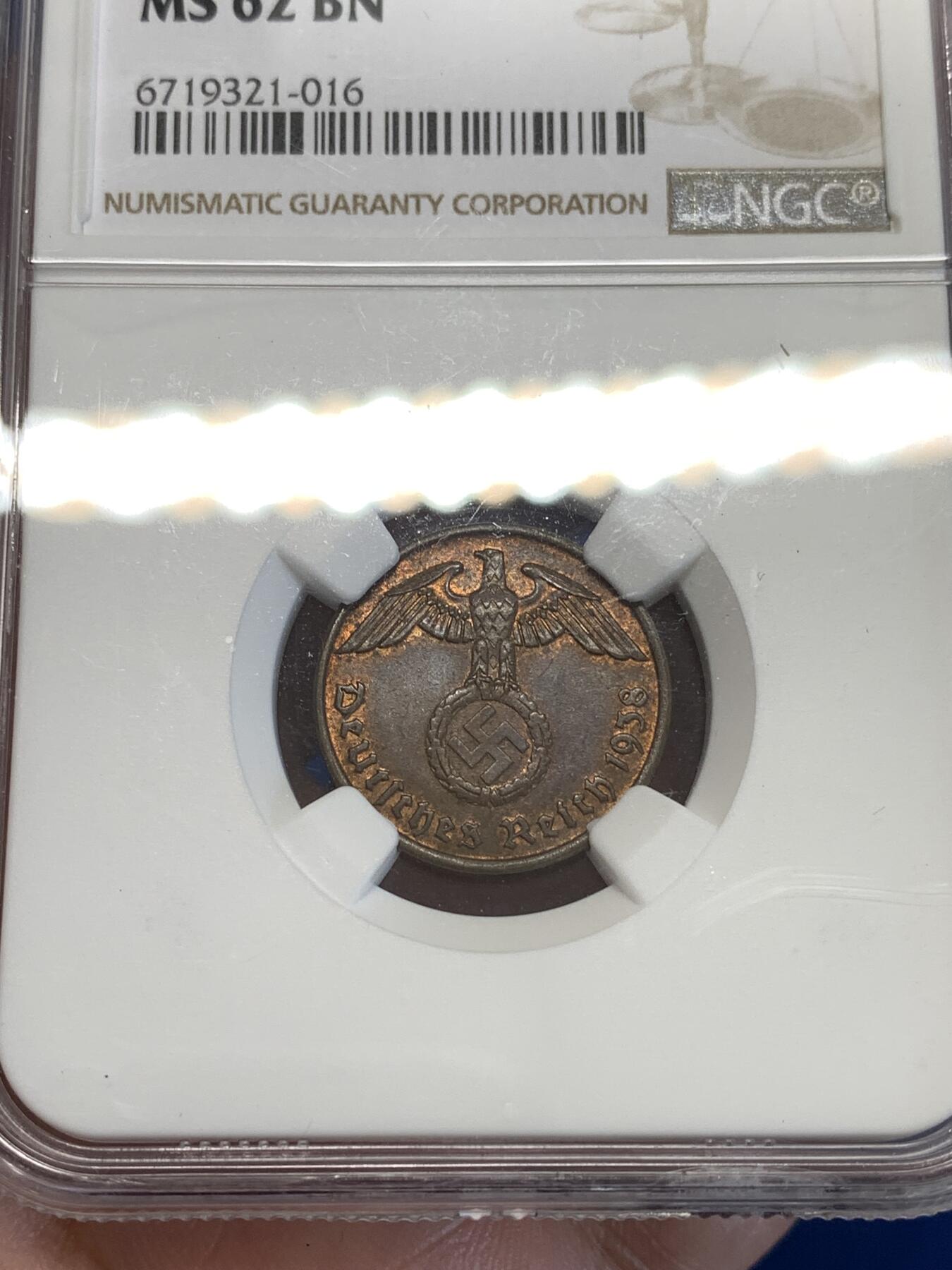 《竞宝斋》第287场-周六， 周日，周一 3场连拍 （全场包邮） NGC MS62BN 德国1938年A厂2芬尼