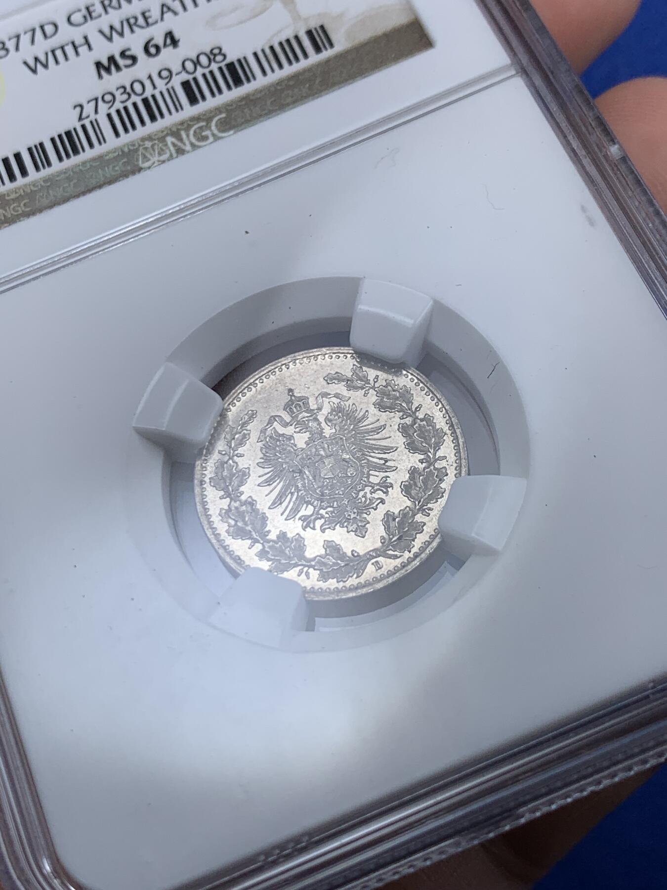 《竞宝斋》第287场-周六， 周日，周一 3场连拍 （全场包邮） NGC MS64 1877D 德意志第二帝国短翅鹰50芬尼花环银币 类镜面底板，观赏感十足，名誉品种。