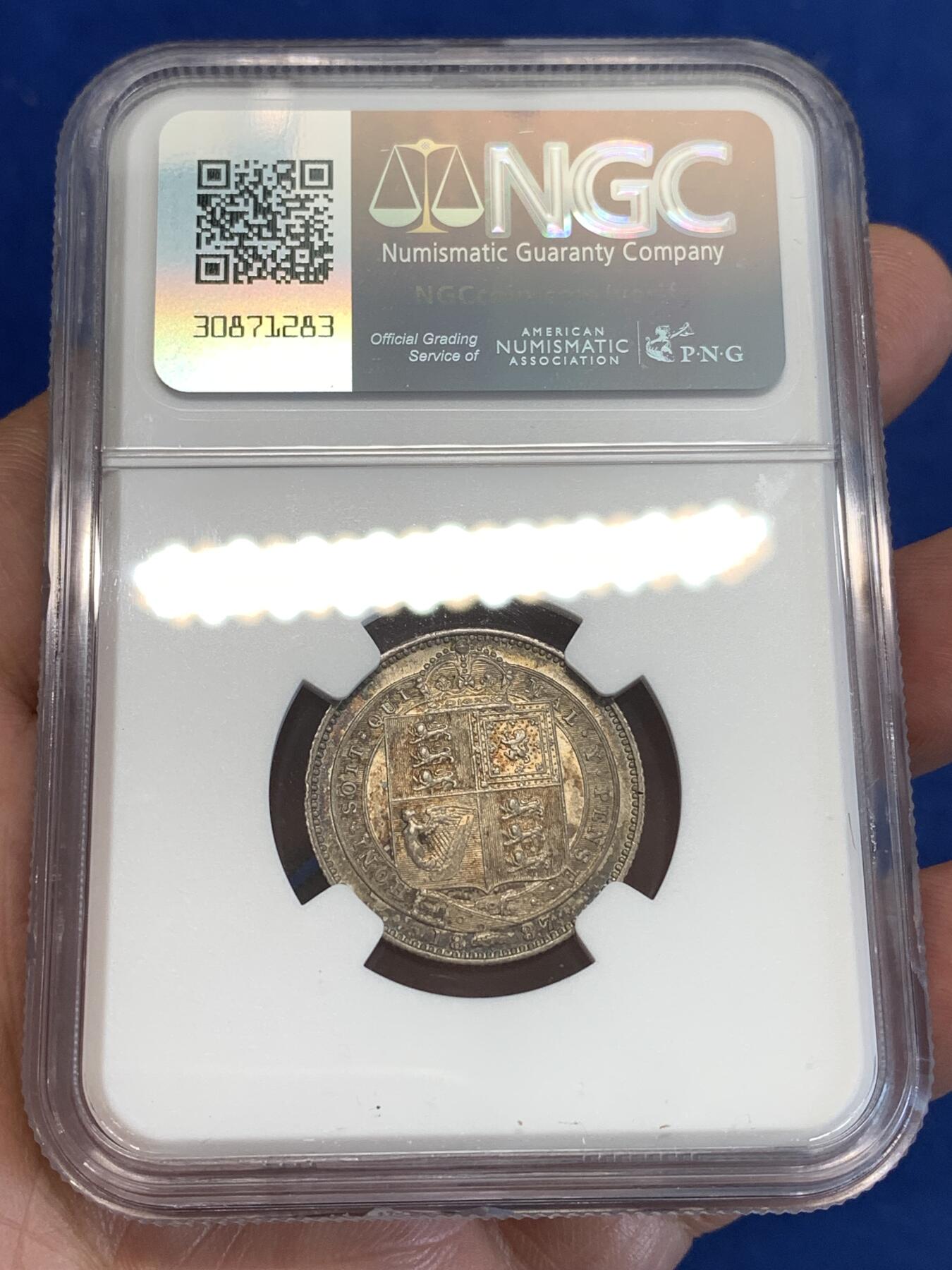 《竞宝斋》第287场-周六， 周日，周一 3场连拍 （全场包邮） NGC AU55 英国1887年维多利亚1先令 银币