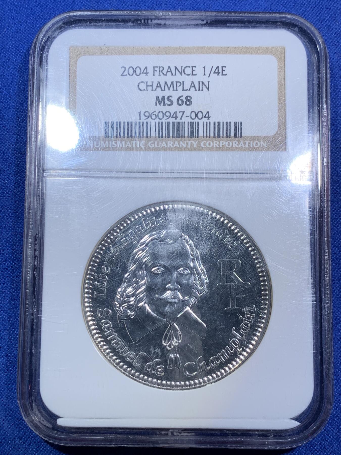 《竞宝斋》第287场-周六， 周日，周一 3场连拍 （全场包邮） NGC MS68 法国2004塞缪尔·德·尚普兰探索北美400周年纪念银币