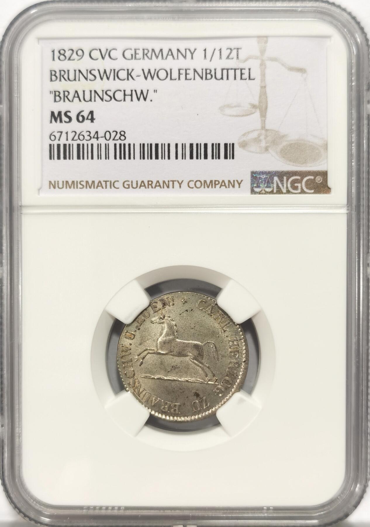 博洋堂世界钱币拍卖第084期（全场包邮） NGC MS64 亚军分！德国布伦瑞克1829年奔马1/12泰勒银币