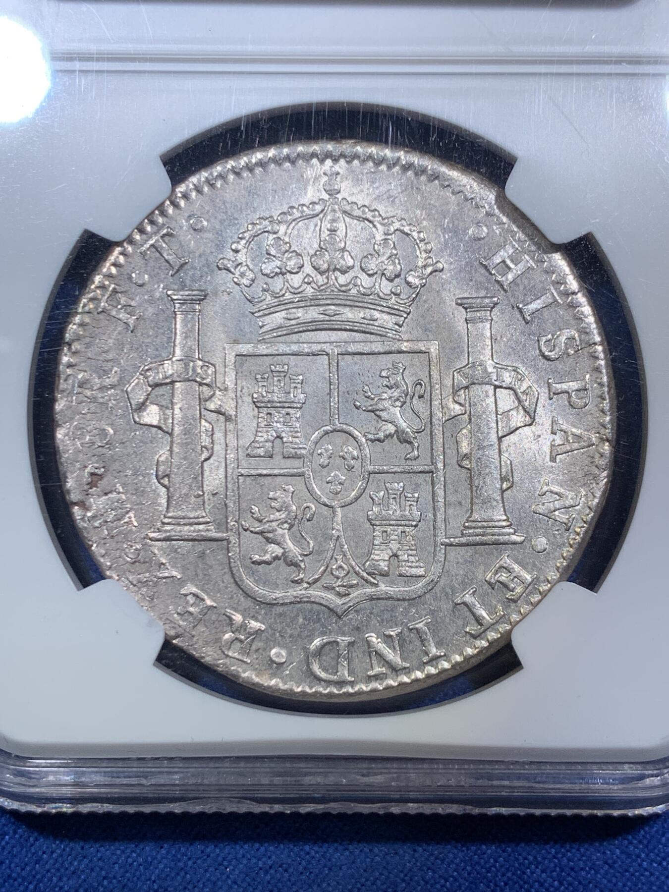 《竞宝斋》第287场-周六， 周日，周一 3场连拍 （全场包邮） NGC MS63 西属墨西哥 1803 MO FT 卡四 双柱 8瑞尔 大银币 状态靓丽