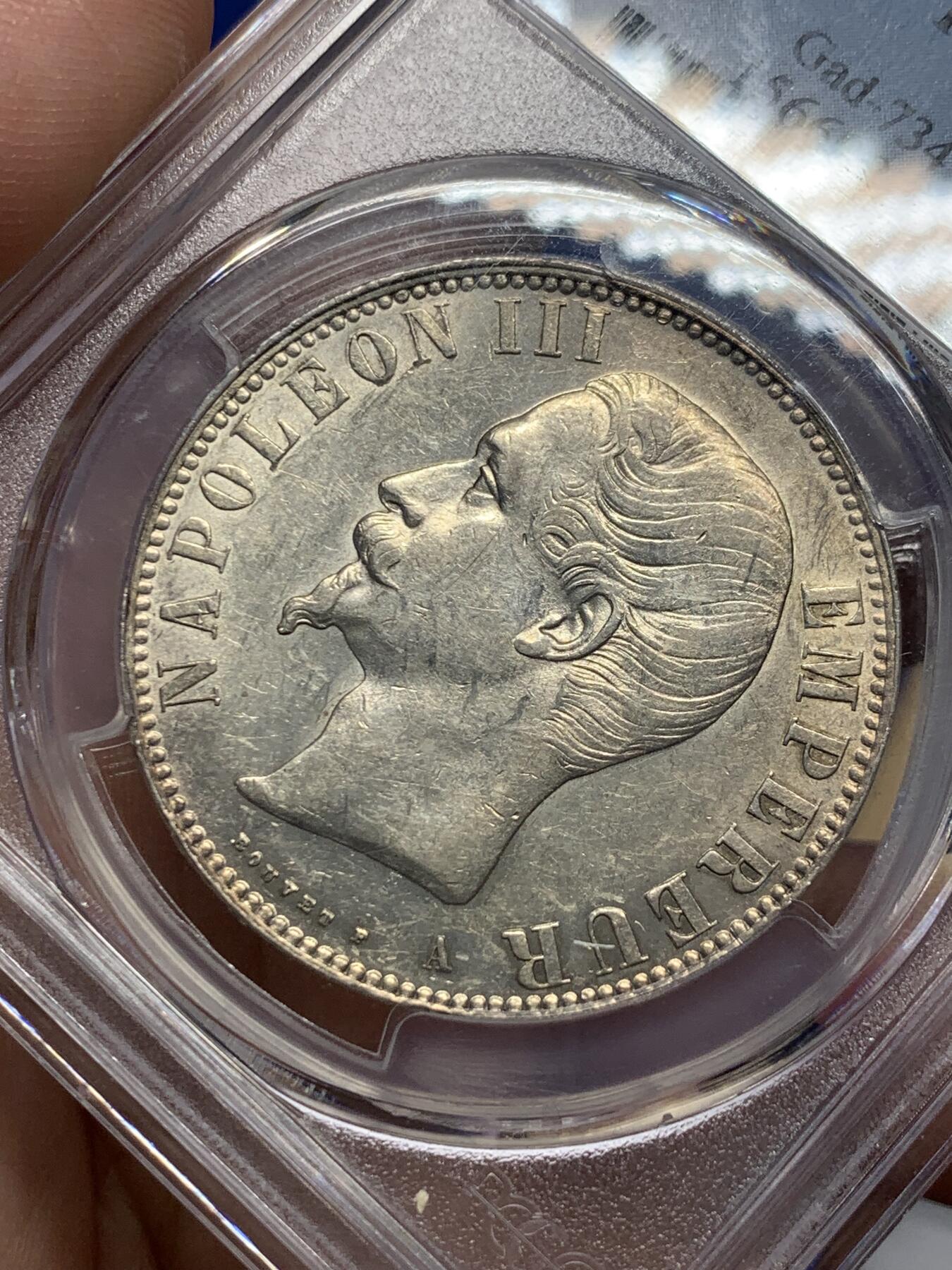 《竞宝斋》第287场-周六， 周日，周一 3场连拍 （全场包邮） PCGS AU55 法国1856年拿破仑三世5法郎 光头总统版，好品最少的一版，基本都是XF及以下，远比谷物女神稀少