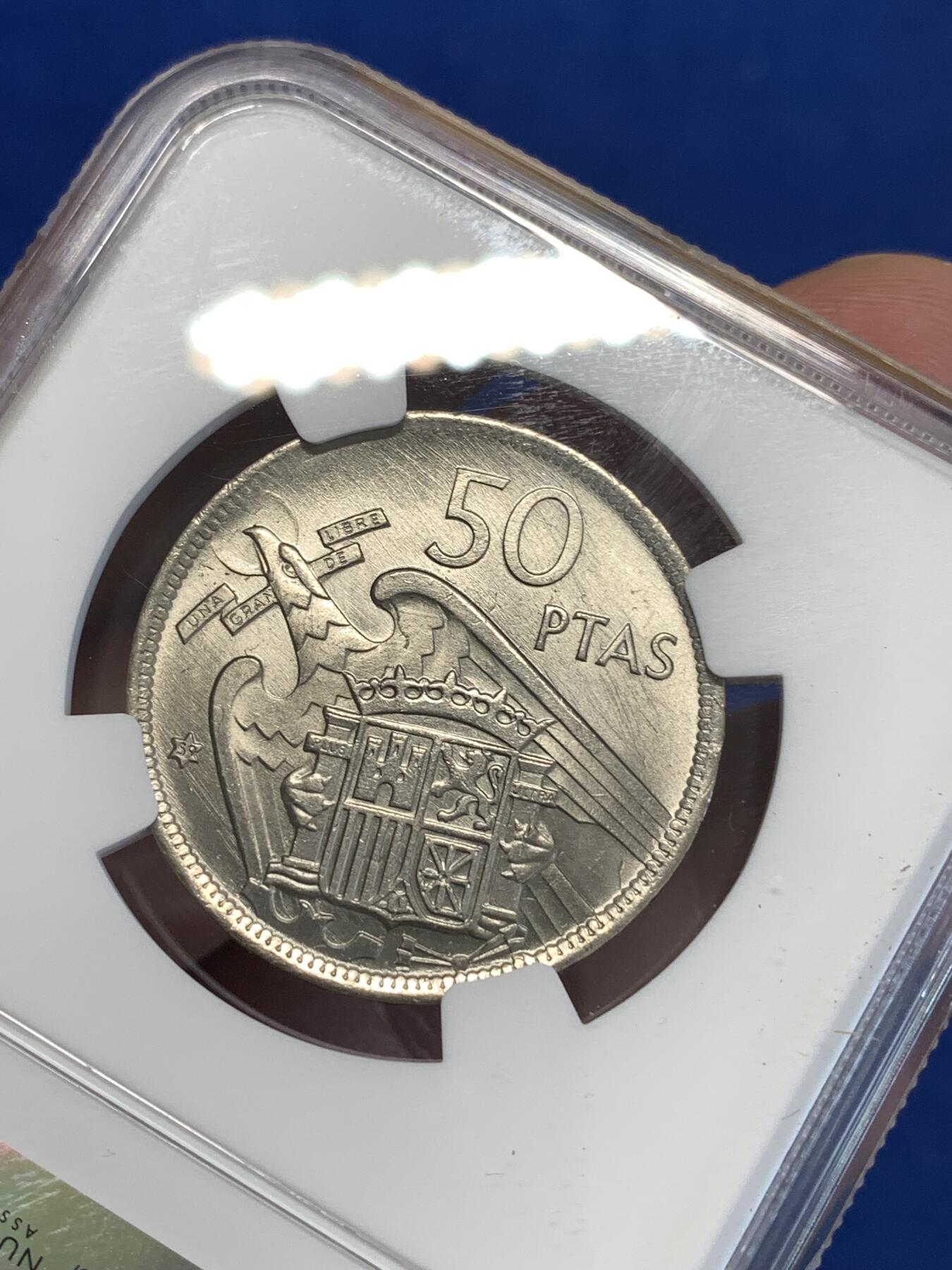 《竞宝斋》第287场-周六， 周日，周一 3场连拍 （全场包邮） NGC UNCD 西班牙 1957 独裁者 50比塞塔