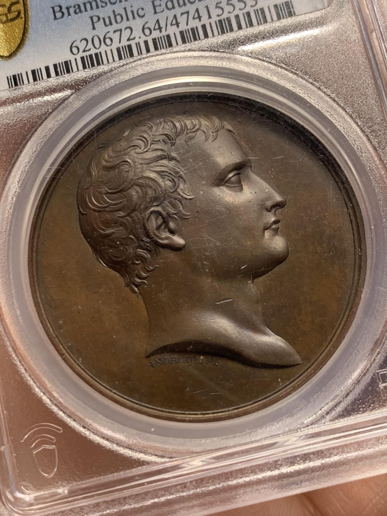 《竞宝斋》第287场-周六， 周日，周一 3场连拍 （全场包邮） PCGS SP64 法国1802拿破仑凯撒头原铸铜章 背面古罗马装扮的男神低头阅读 高分不易 仅三枚更高分