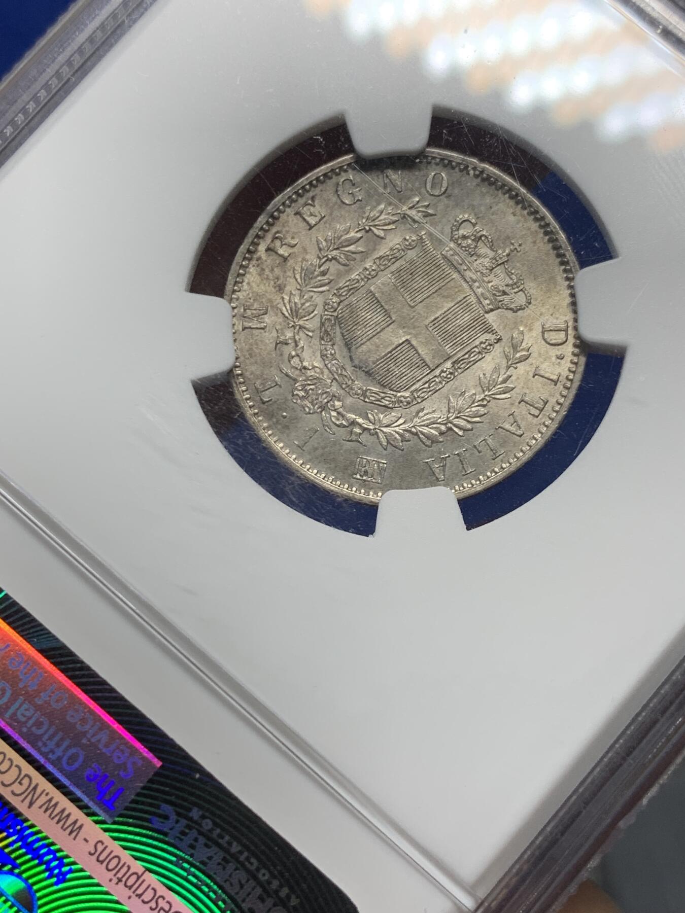 《竞宝斋》第287场-周六， 周日，周一 3场连拍 （全场包邮） NGC MS64 意大利 1863 尹曼纽尔二世 1里拉银币 流通辅币 MS 不容易