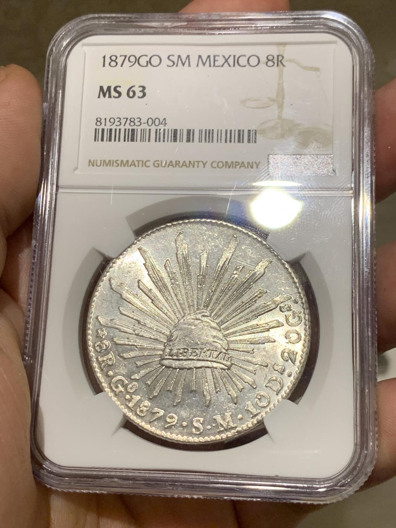 《竞宝斋》第287场-周六， 周日，周一 3场连拍 （全场包邮） NGC MS63 墨西哥 1879 GO SM 8瑞尔 花边鹰洋 全羽 十字光 可藏