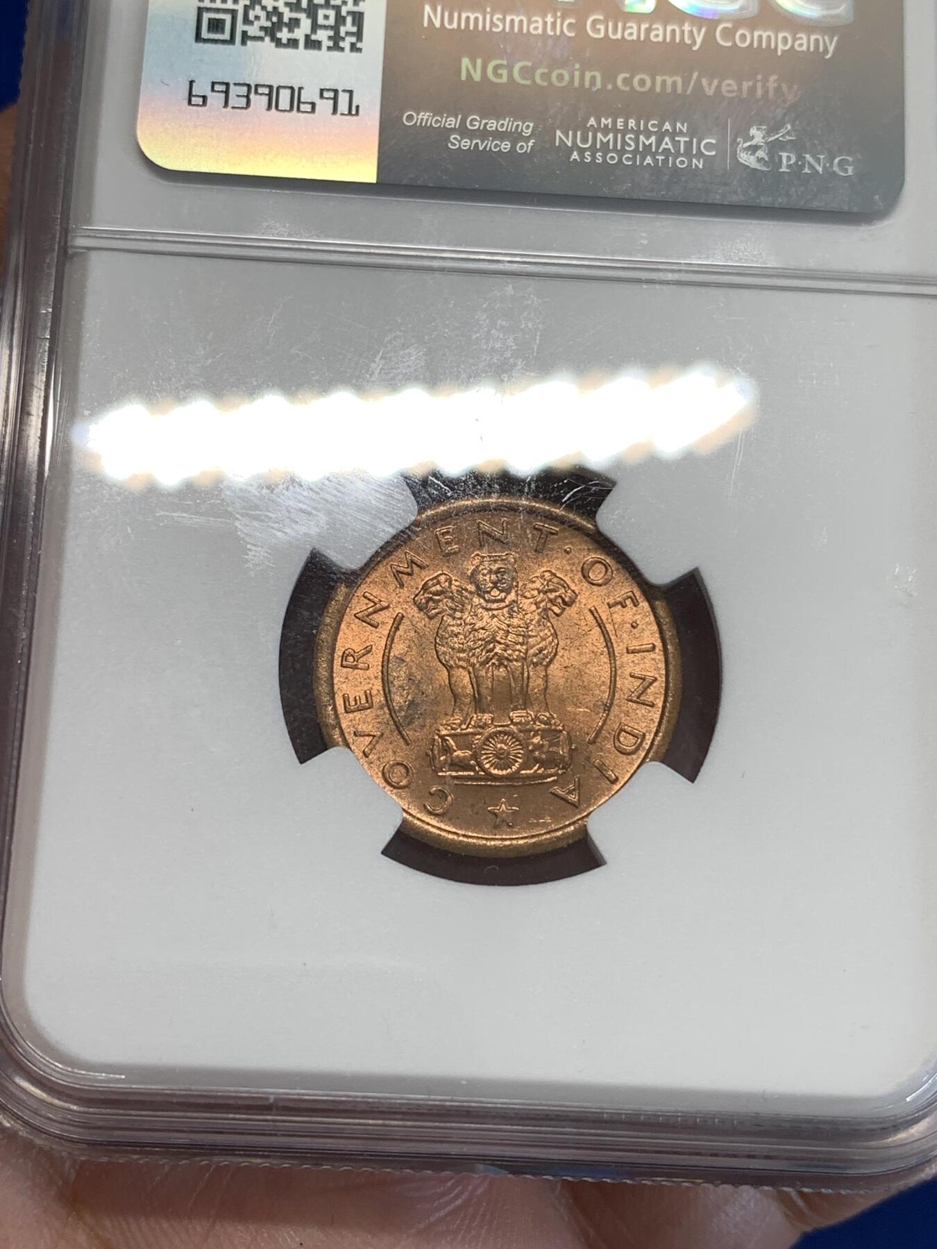 《竞宝斋》第287场-周六， 周日，周一 3场连拍 （全场包邮） NGC MS63RB 印度1951年小马1派沙铜币