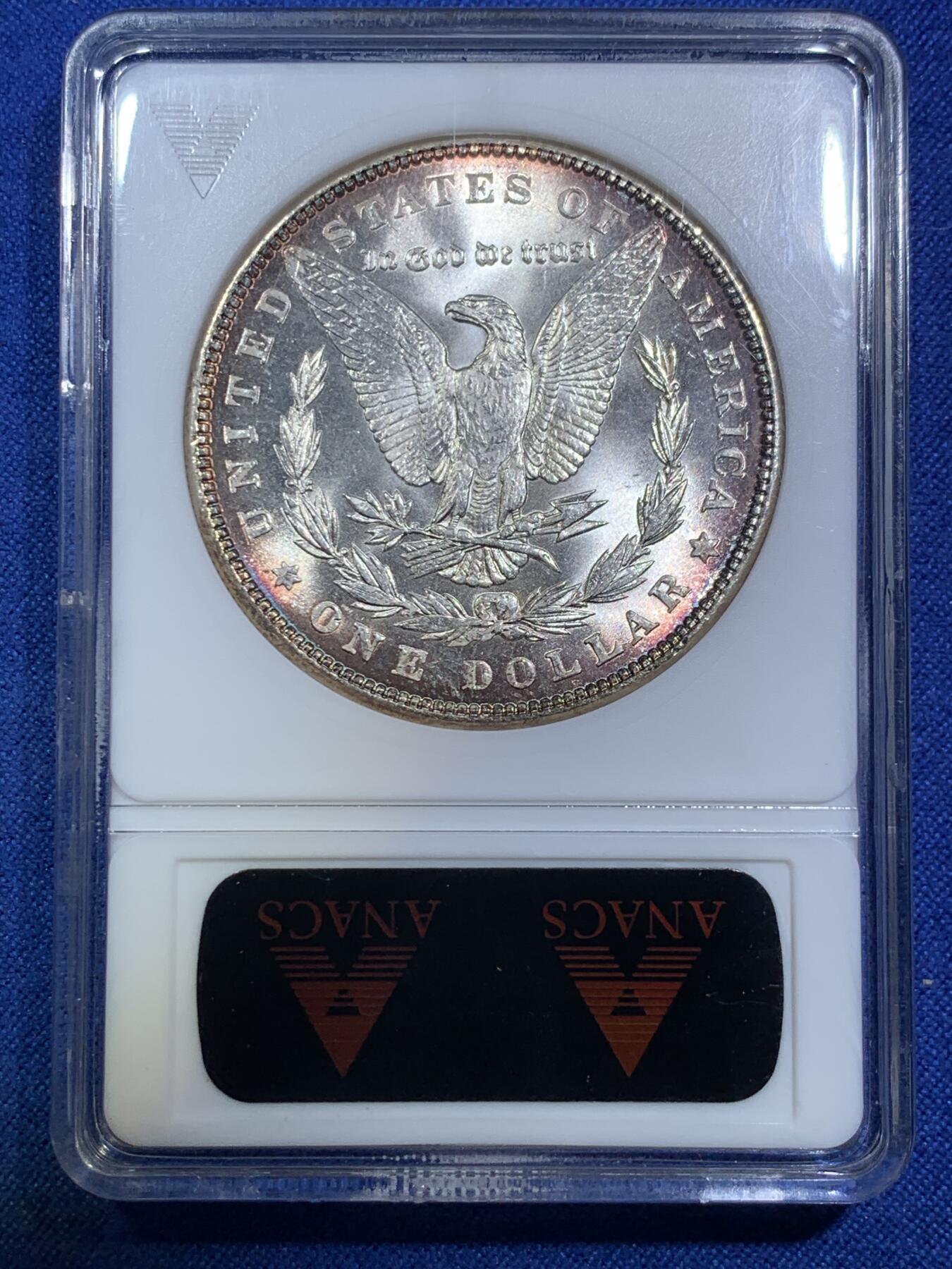 《竞宝斋》第287场-周六， 周日，周一 3场连拍 （全场包邮） ANACS MS65 美国 1886年 1美元 摩根银币 小白盒 镜面感非常好 鹰面环彩 绝版盒子+好品相 一步到位