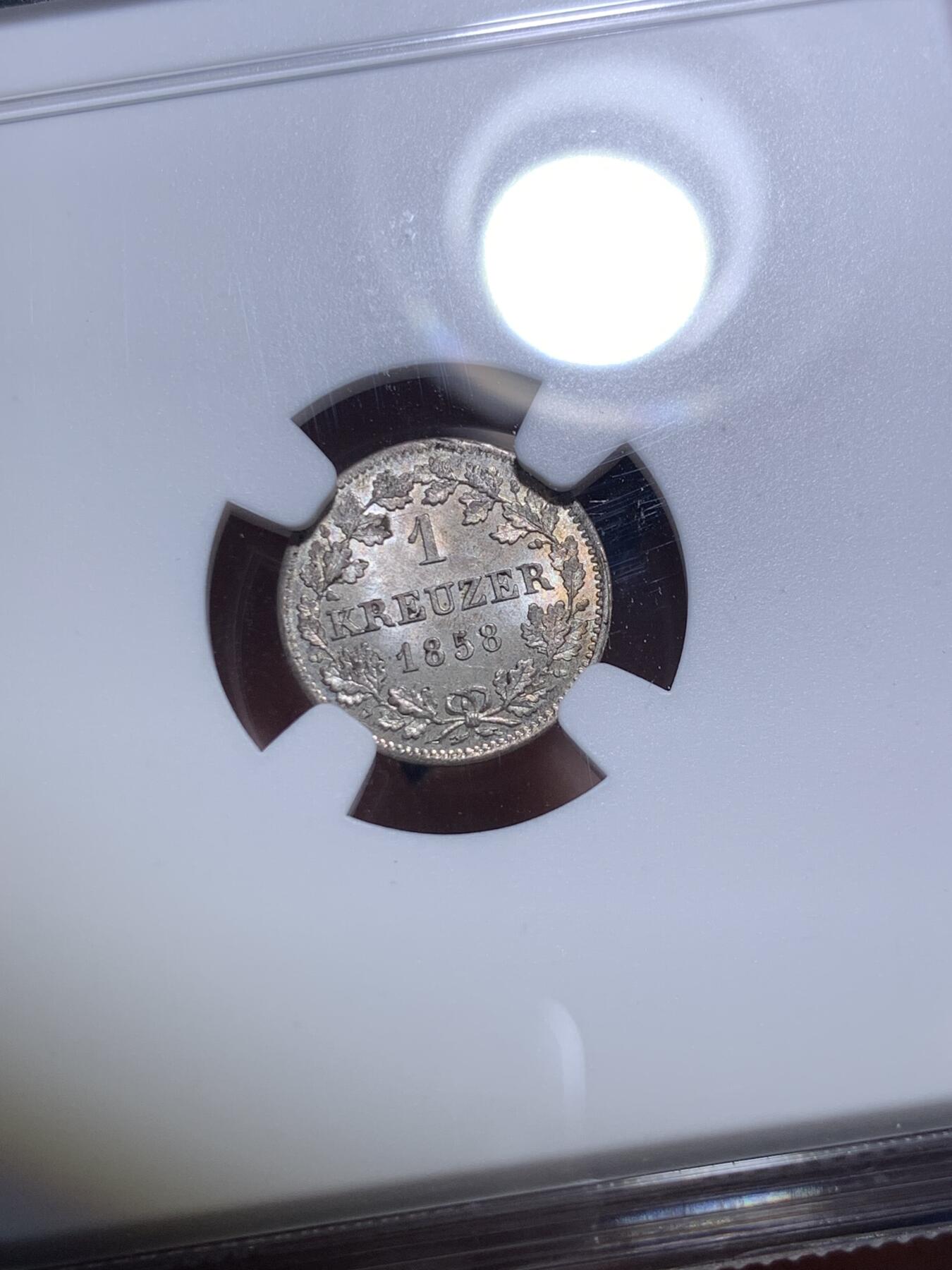 《竞宝斋》第287场-周六， 周日，周一 3场连拍 （全场包邮） NGC MS64 德国1858巴伐利亚1克鲁泽银币