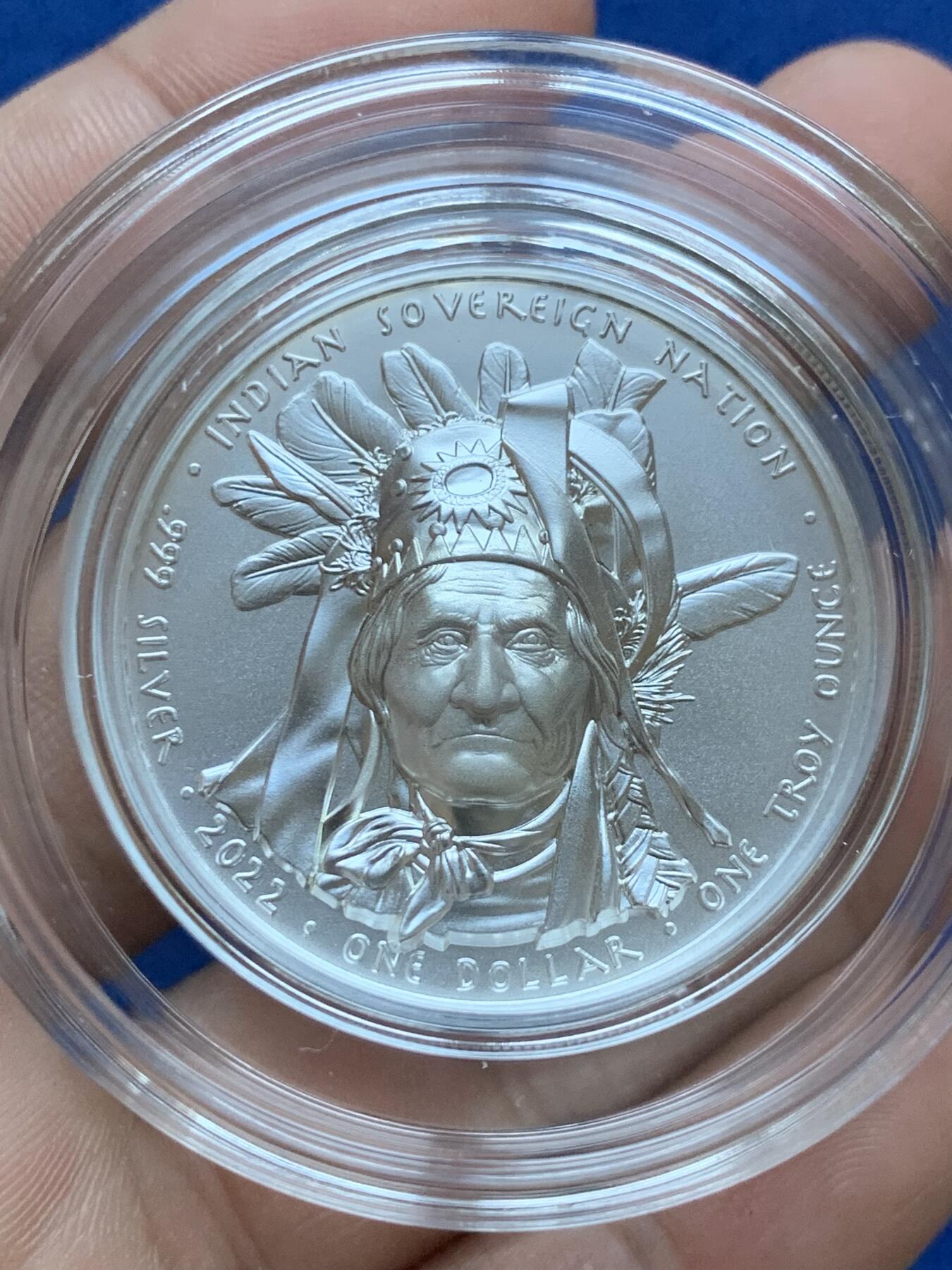 《竞宝斋》第287场-周六， 周日，周一 3场连拍 （全场包邮） 美国2022年发行的印第安酋长系列2“杰罗尼莫”1美元纪念银币 1盎司 超高浮雕工艺 限量2500枚