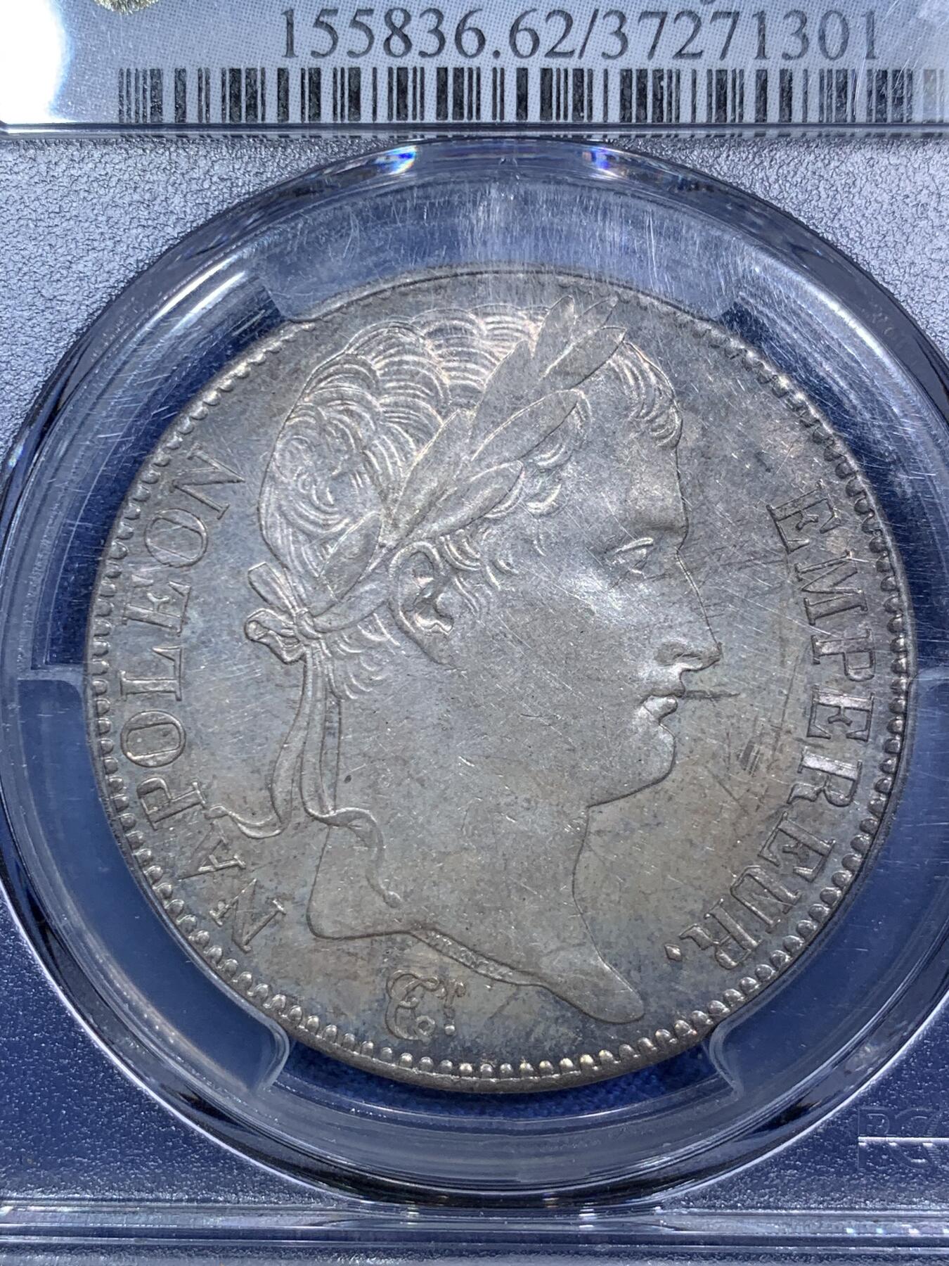 《竞宝斋》第287场-周六， 周日，周一 3场连拍 （全场包邮） PCGS MS62 法国 拿破仑1815年百日王朝5法郎 大名誉品 拿破仑在1815年复辟仅100天发行的5法郎 63的最新成交价格8.5w人民币