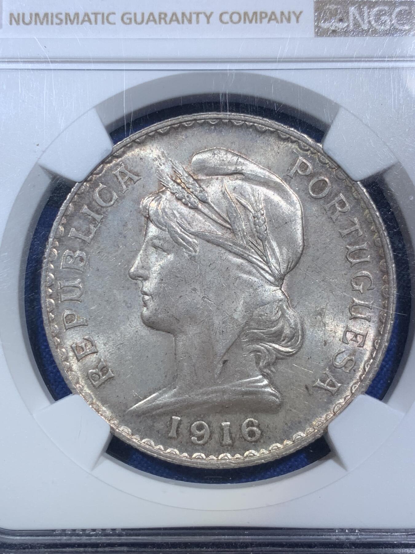 《竞宝斋》第287场-周六， 周日，周一 3场连拍 （全场包邮） NGC MS63 葡萄牙1916年自由女神1埃斯库多大银