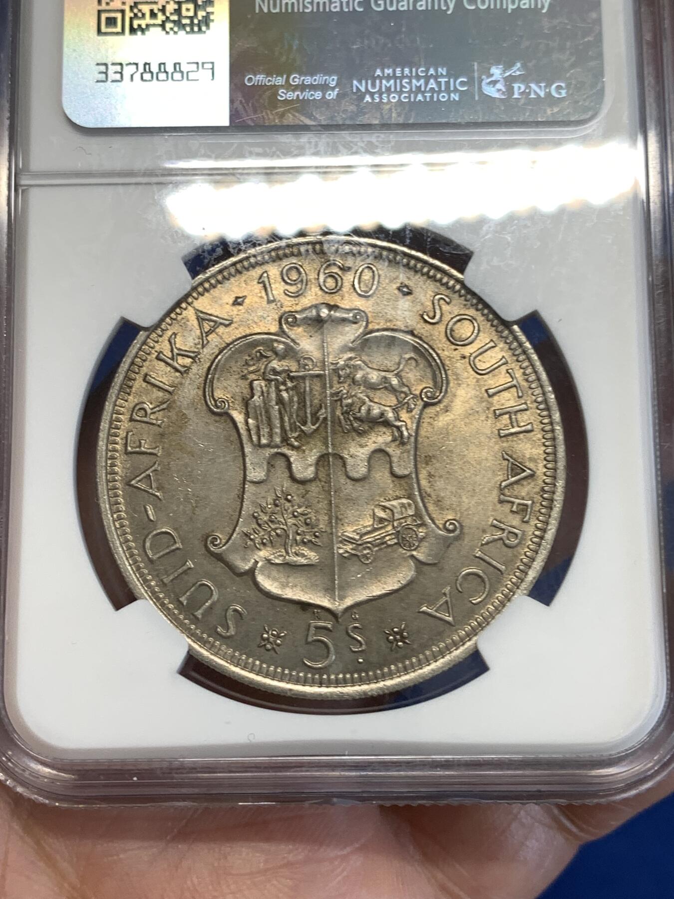 《竞宝斋》第287场-周六， 周日，周一 3场连拍 （全场包邮） NGC MS63 南非1960年联盟成立50周年5先令大银币，原味老包浆