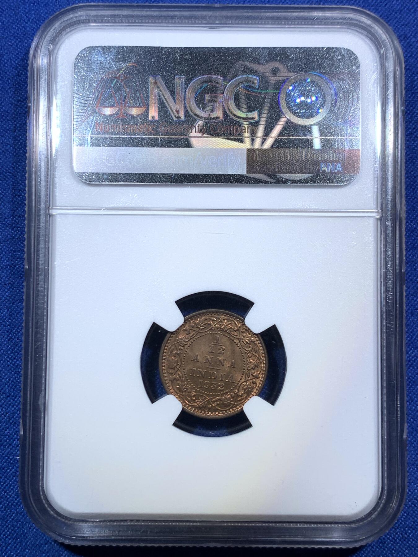 《竞宝斋》第287场-周六， 周日，周一 3场连拍 （全场包邮） 两枚一组 NGC MS64RB/MS63RB 1932C英属印度1/12A铜币