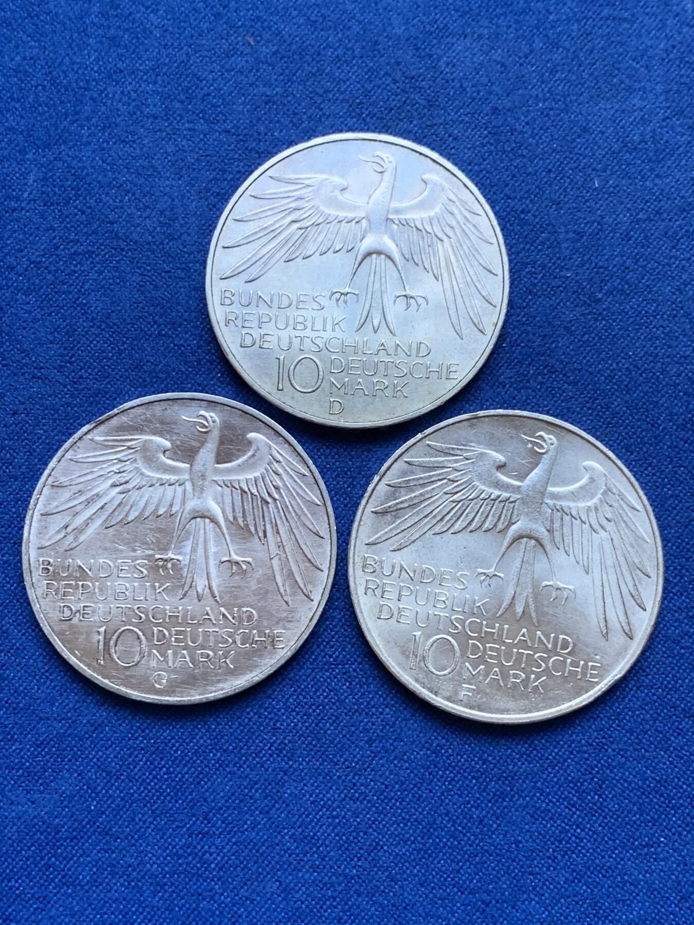 《竞宝斋》第287场-周六， 周日，周一 3场连拍 （全场包邮） 3枚一组 德国1972年10马克银币 不同厂别