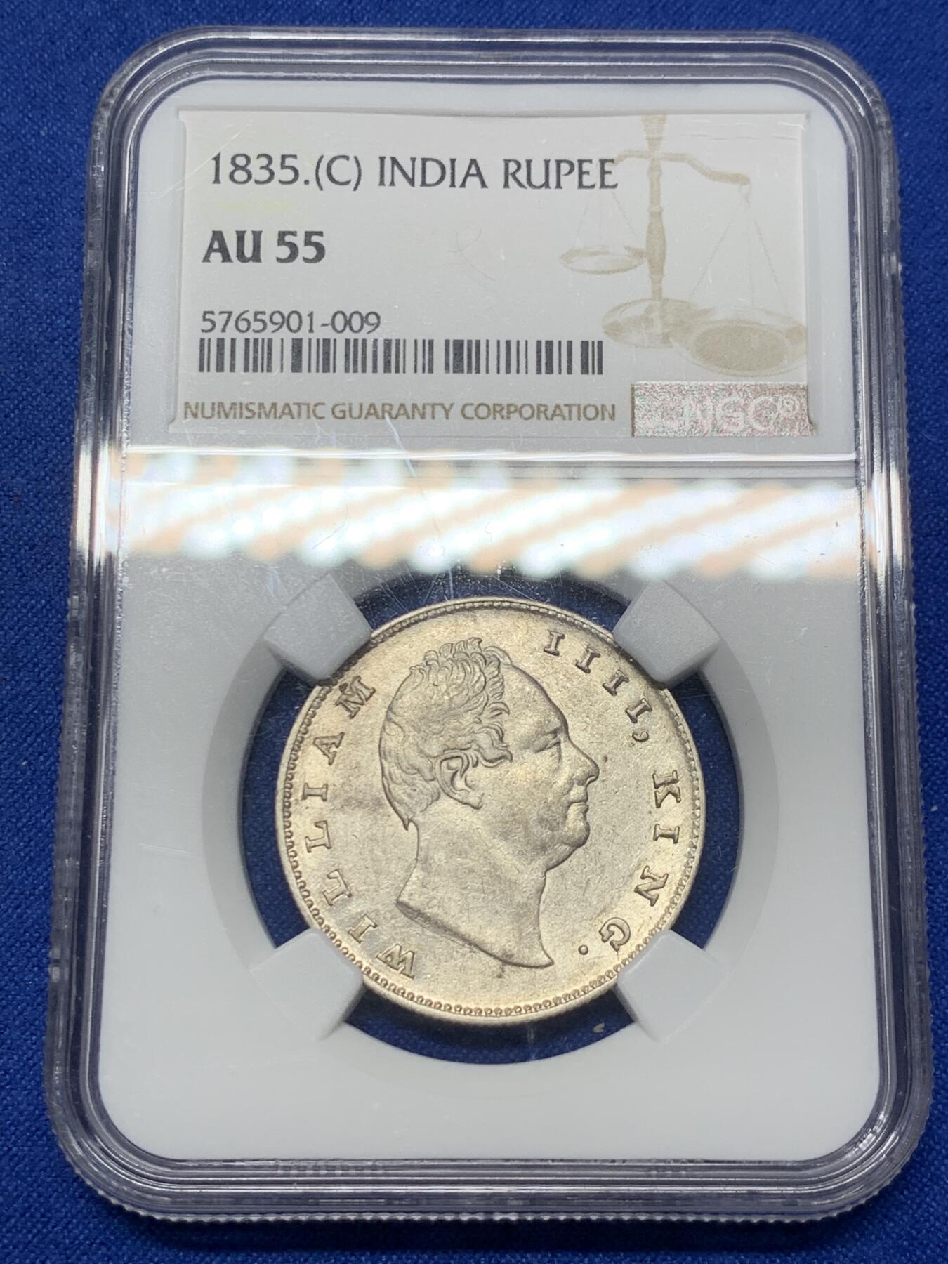 《竞宝斋》第287场-周六， 周日，周一 3场连拍 （全场包邮） NGC AU55 英国1835年东印度公司卢比 威廉四世在位期间铸造，稀少RS版，克书价高，远超普通版