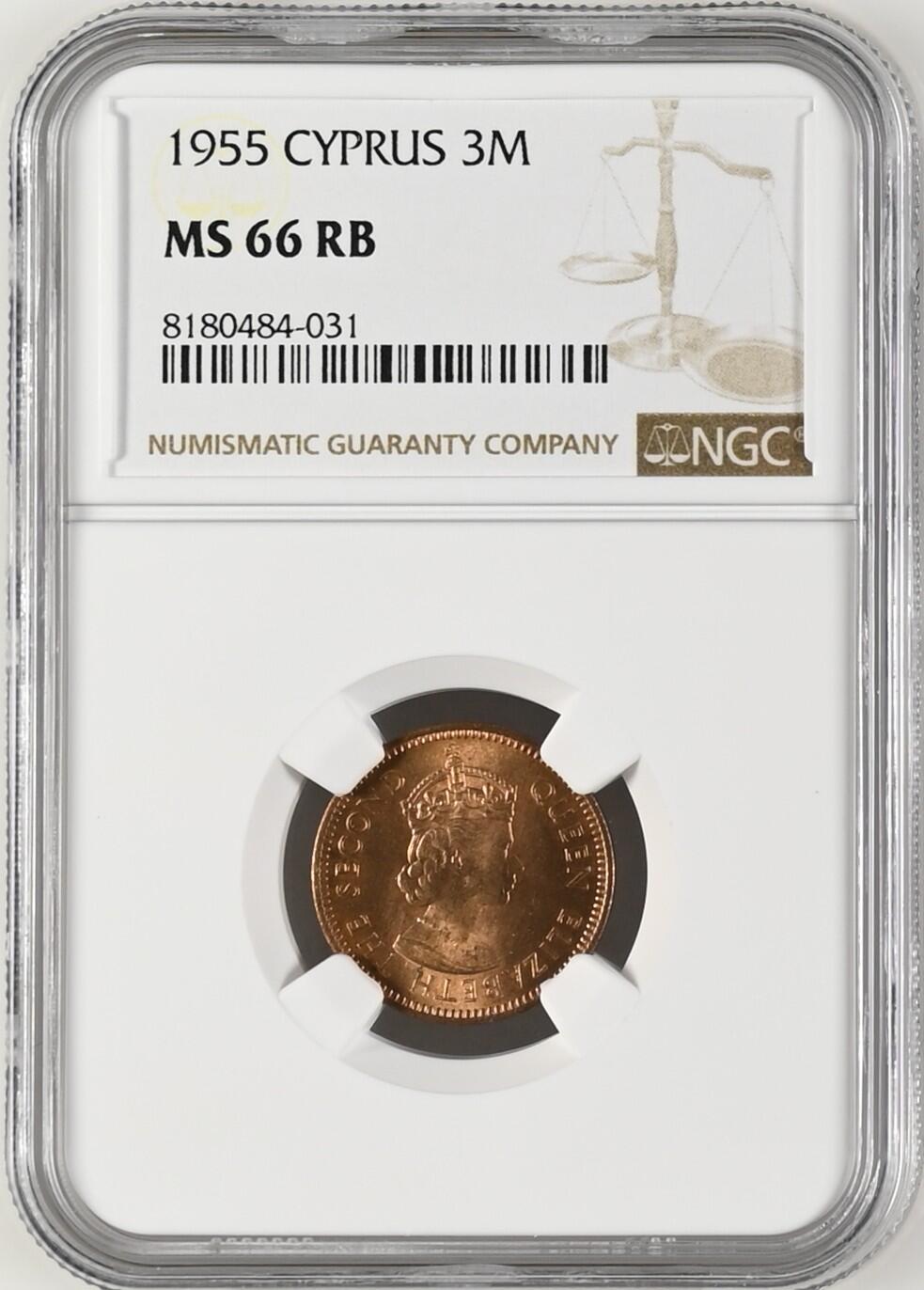 07月07日 世界币章 NGC MS66RB 塞浦路斯 1955年 3米尔 稀见最高品相
