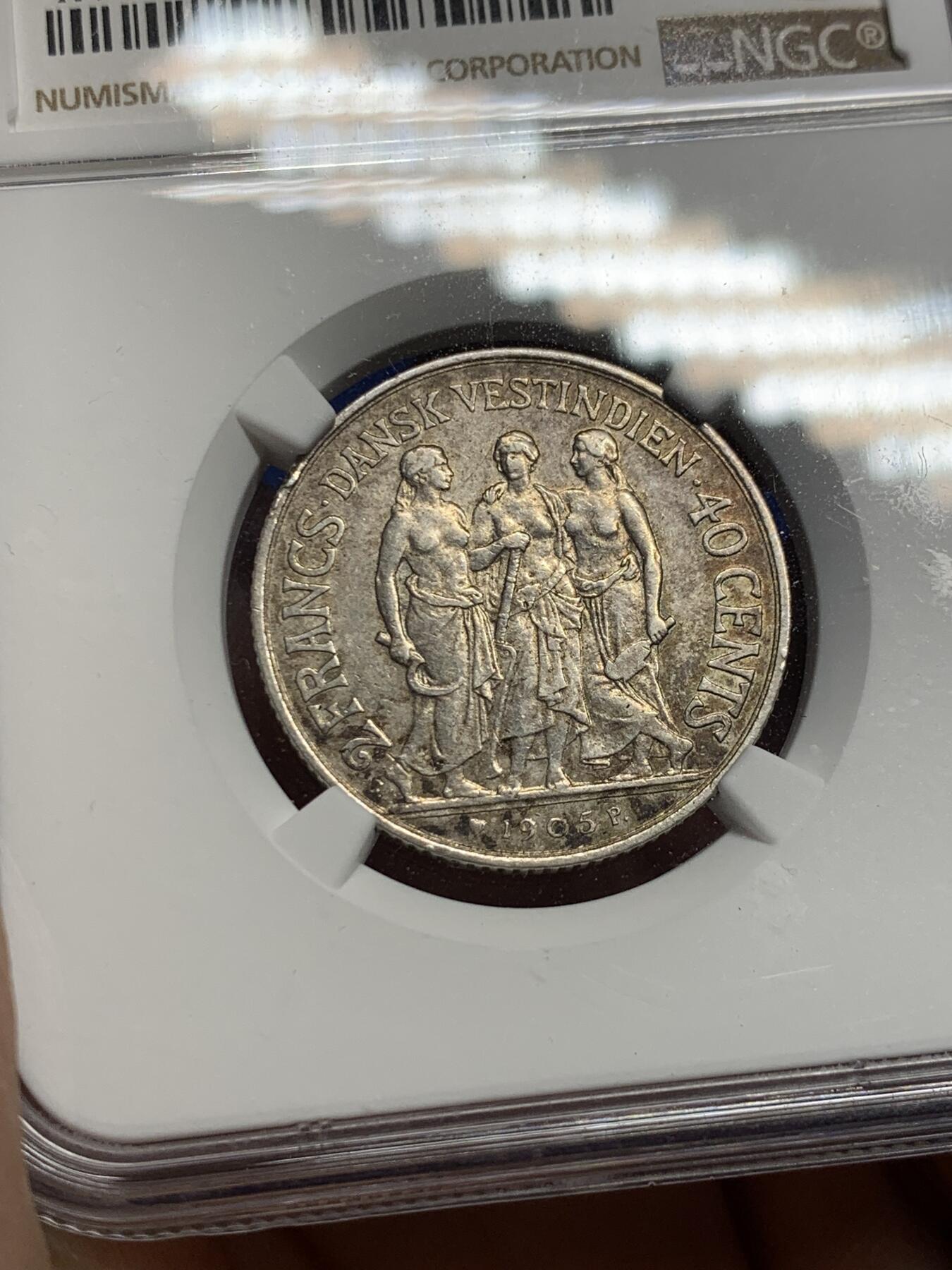 《竞宝斋》第287场-周六， 周日，周一 3场连拍 （全场包邮） NGC AU53 丹属西印度群岛 1905 40C 银币 稀少品种发行量38000枚 该品种的最大面值