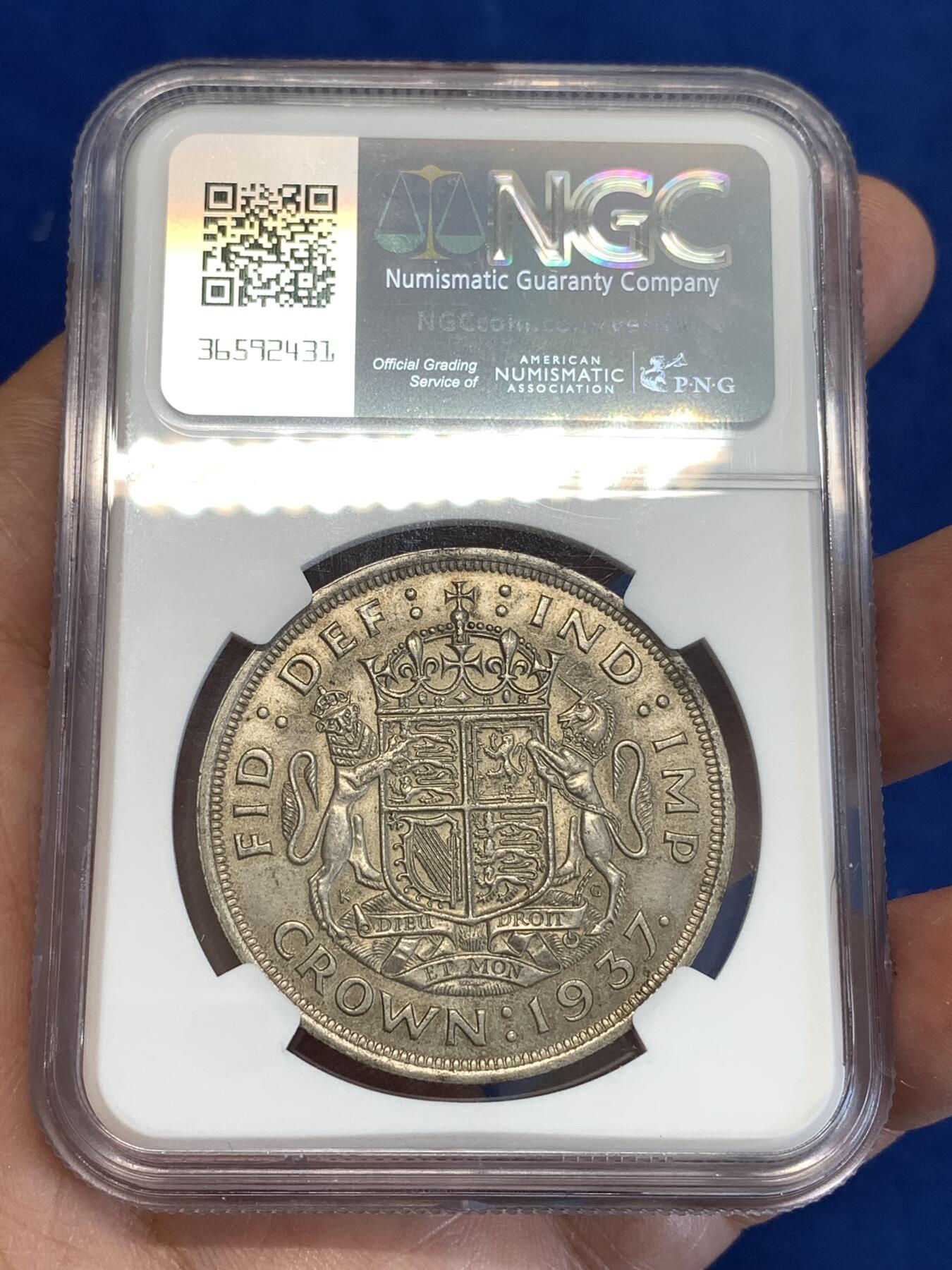 《竞宝斋》第287场-周六， 周日，周一 3场连拍 （全场包邮） NGC MS63 英国1937年乔治六世登基纪念1克朗银币 转光好