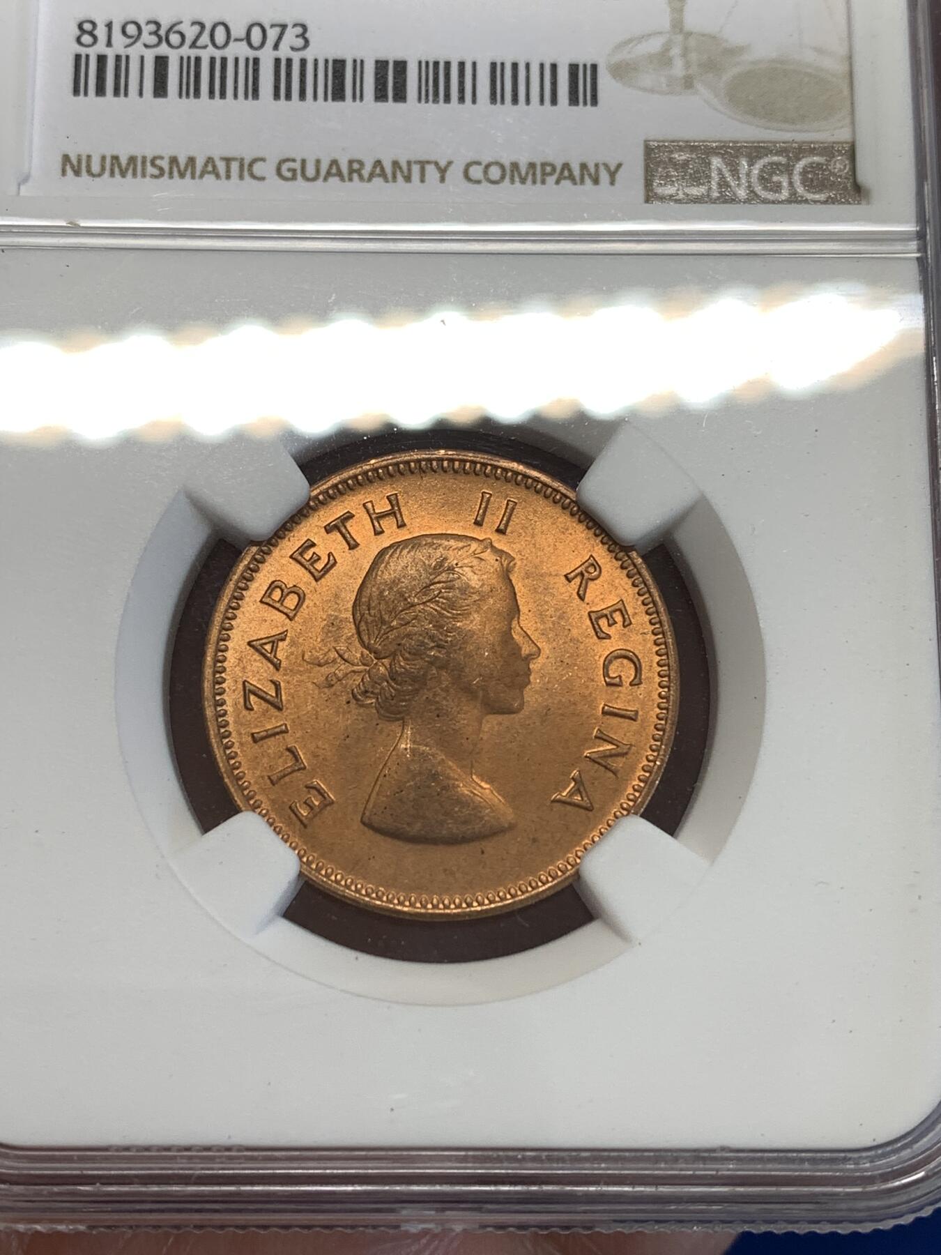 《竞宝斋》第287场-周六， 周日，周一 3场连拍 （全场包邮） NGC MS65RB 英属南非1960年伊丽莎白二世半便士铜币