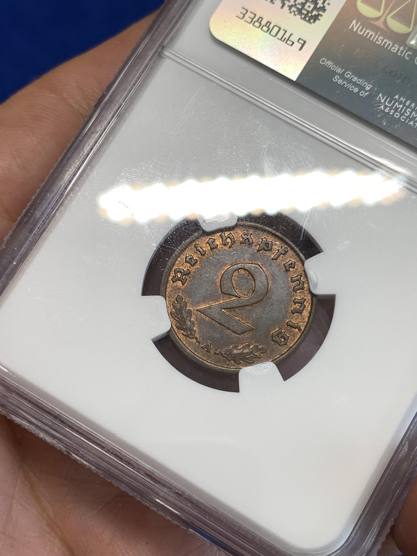 《竞宝斋》第287场-周六， 周日，周一 3场连拍 （全场包邮） NGC MS62BN 德国1938年A厂2芬尼