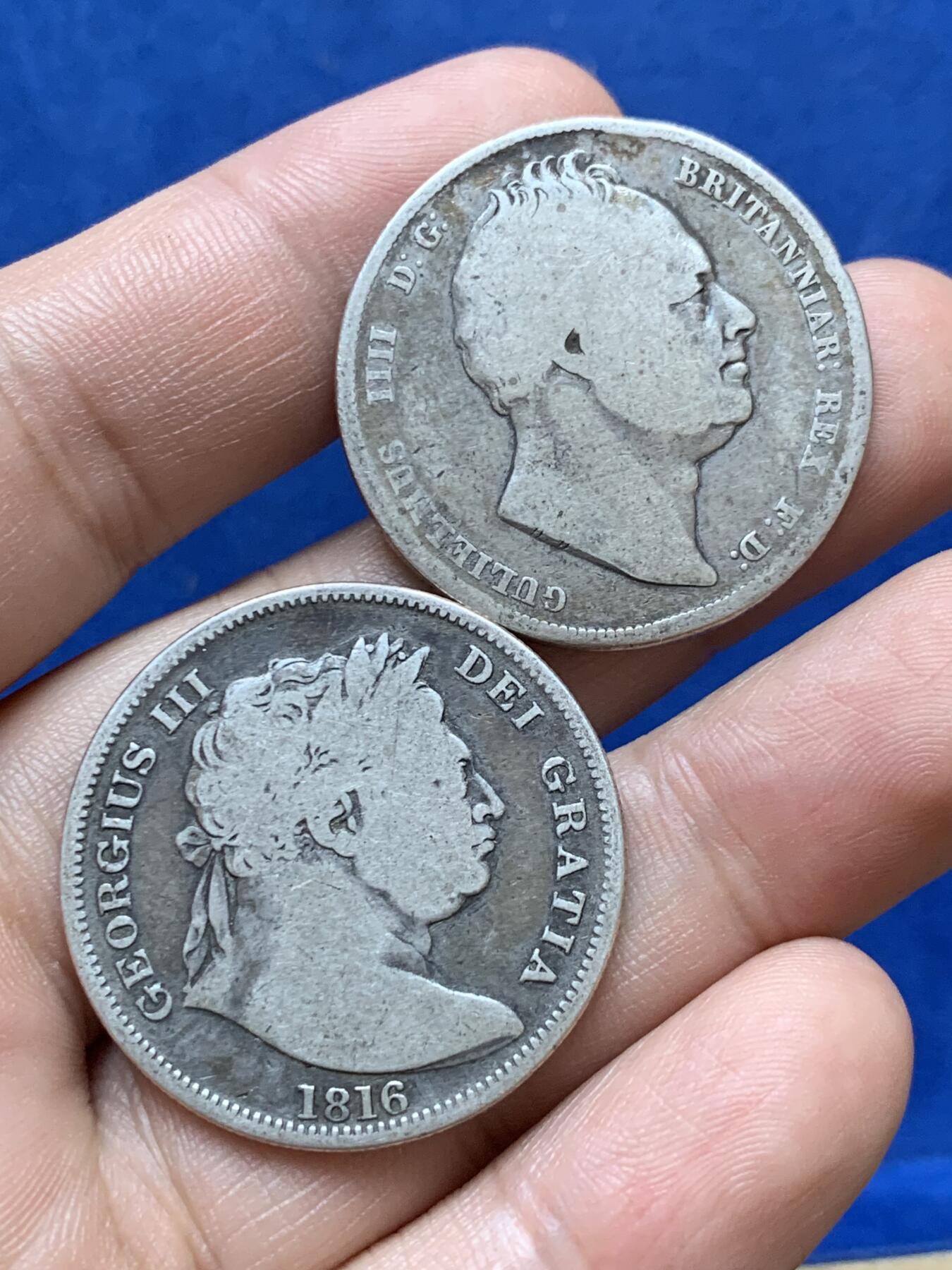 《竞宝斋》第287场-周六， 周日，周一 3场连拍 （全场包邮） 两枚一组 英国半克朗银币 1816年乔治三世牛头版+1836年威廉四世